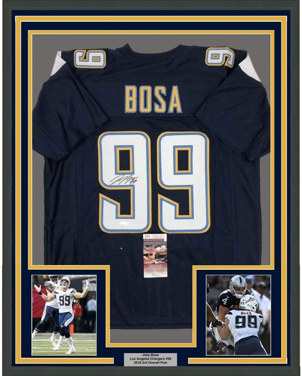 Framed Autographed/Signed Joey Bosa 35x39 Los Angeles LA Dark Blue Football Jersey JSA COA