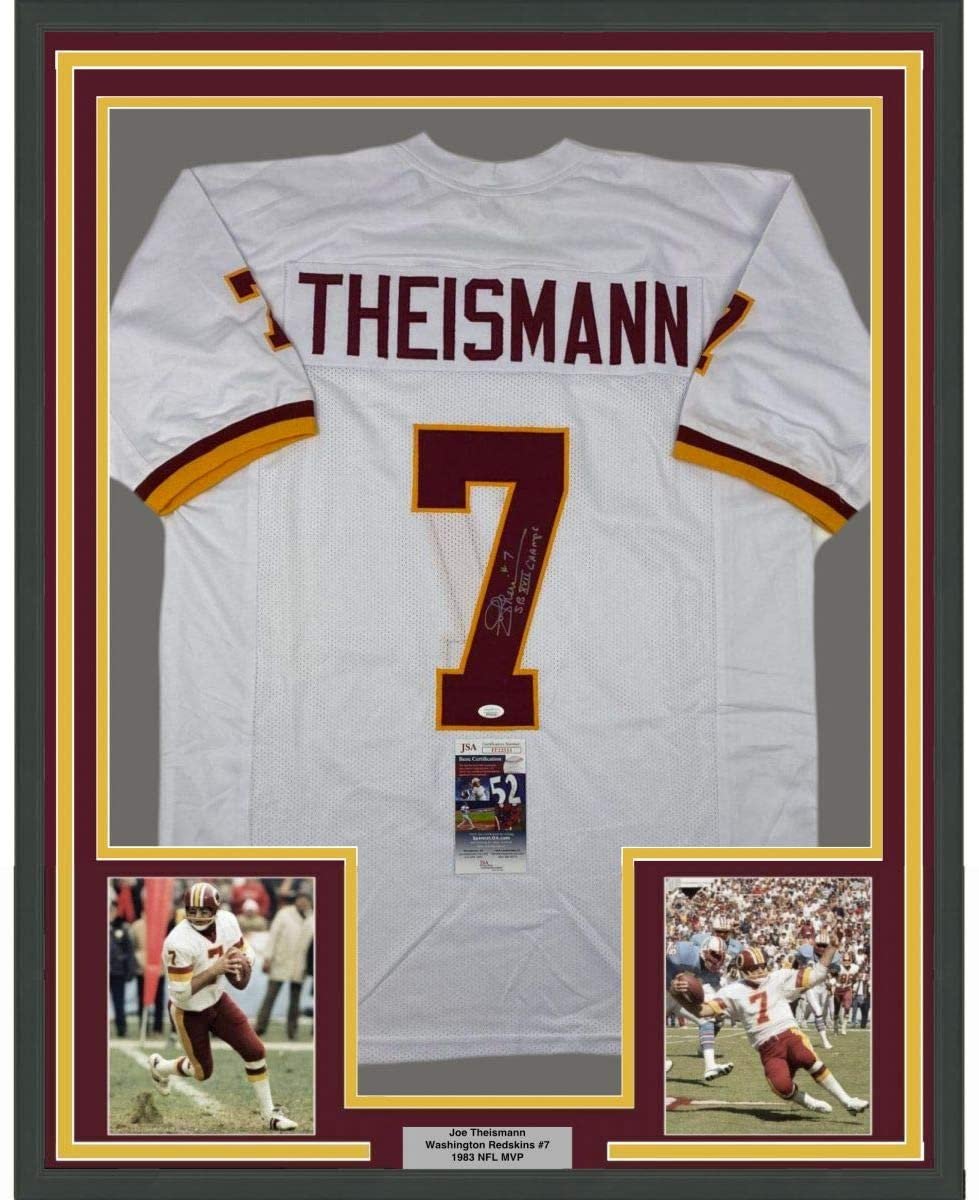 Framed Autographed/Signed Joe Theismann SB XVII Champs 35x39 Washington White Football Jersey JSA COA