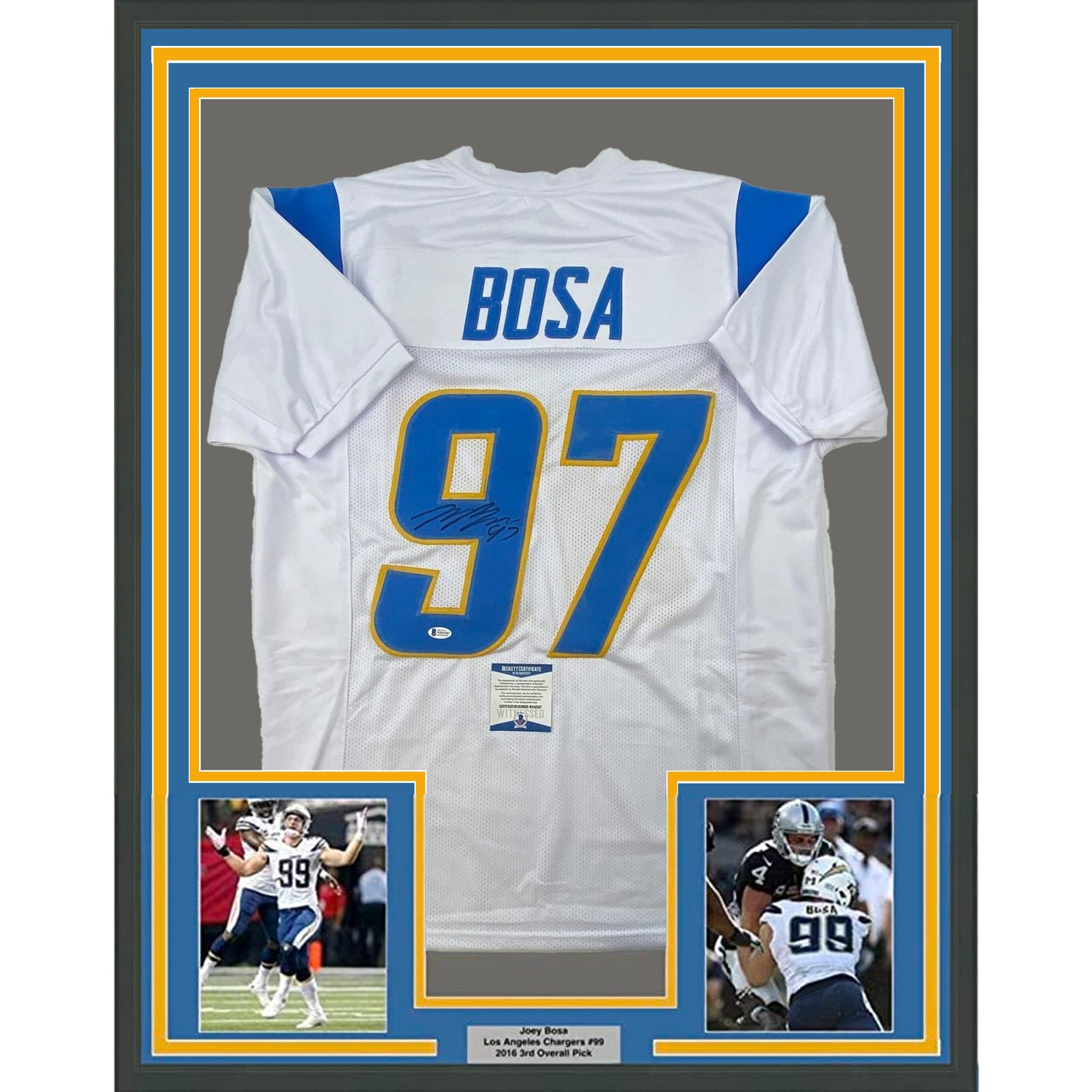 Framed Autographed/Signed Joey Bosa 35x39 #97 Los Angeles LA White Football Jersey JSA COA