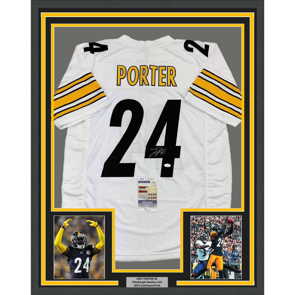 Framed Autographed/Signed Joey Porter Jr. 35x39 Pittsburgh White Football Jersey JSA COA