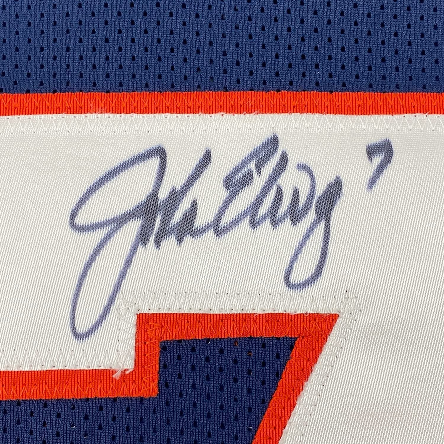 Framed Autographed/Signed John Elway 35x39 Denver Blue Football Jersey JSA COA