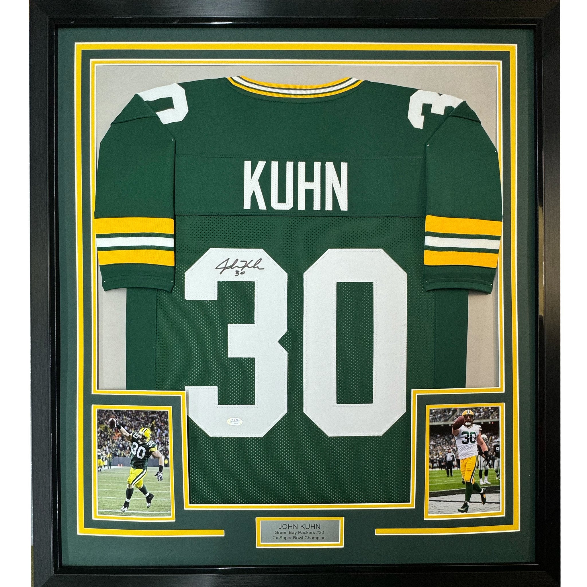 Framed Autographed/Signed John Kuhn 35x39 Green Bay Green Football Jersey PSA/DNA COA