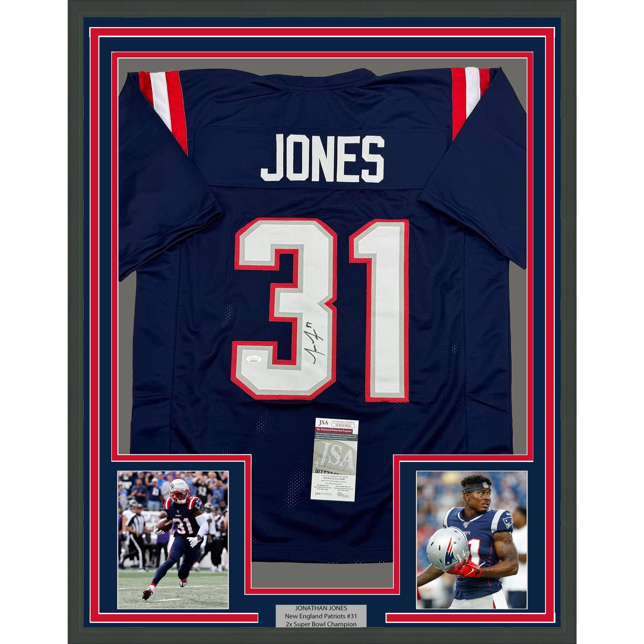 Framed Autographed/Signed Jonathan Jones 35x39 New England Blue Football Jersey JSA COA