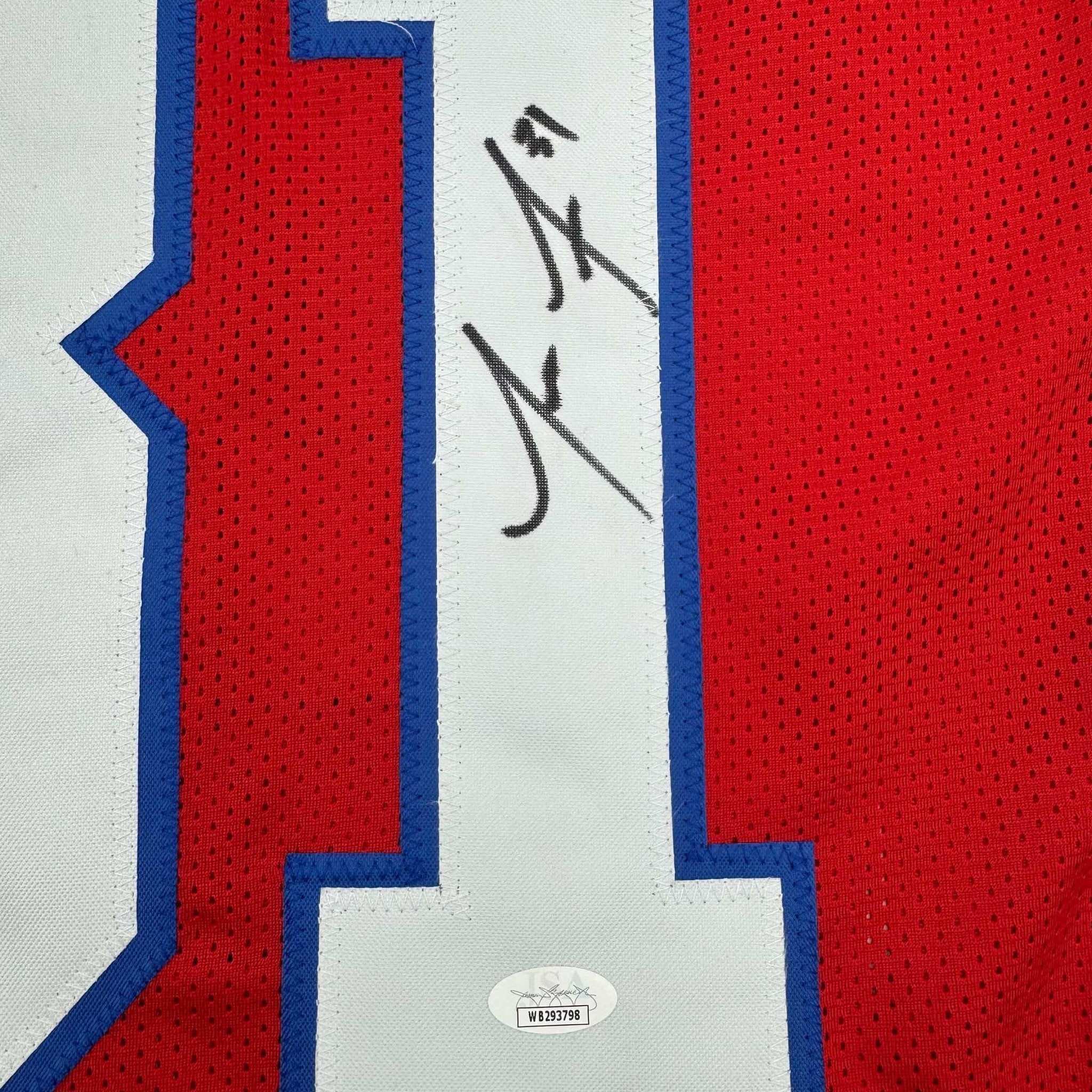 Framed Autographed/Signed Jonathan Jones 35x39 New England Red Football Jersey JSA COA