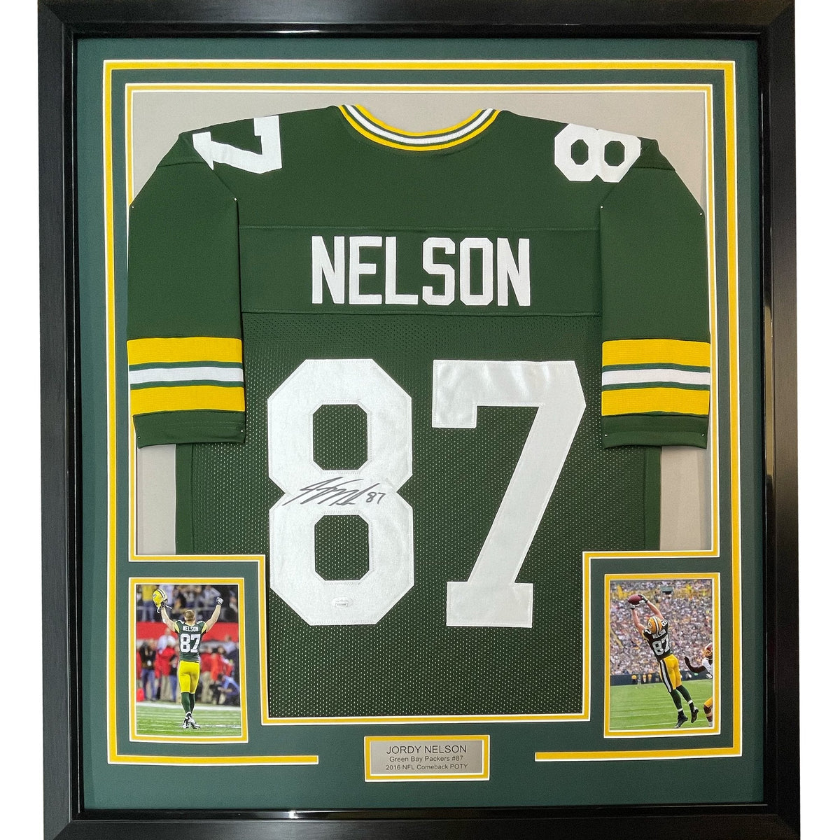 Framed Autographed/Signed Jordy Nelson 35x39 Green Bay Green Football Jersey JSA COA