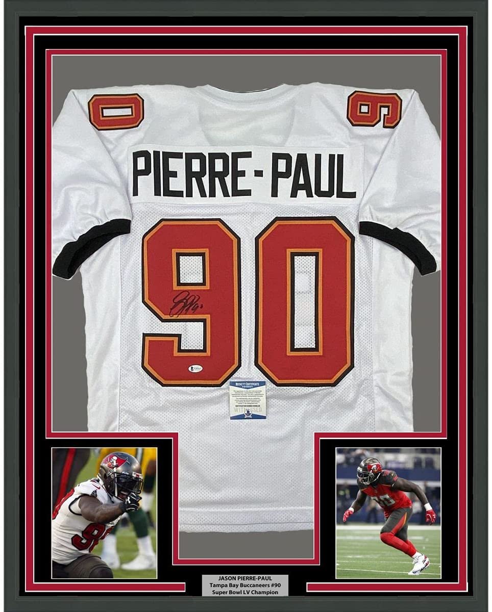 Framed Autographed/Signed Jason Pierre-Paul 35x39 Tampa Bay White Football Jersey Beckett BAS COA