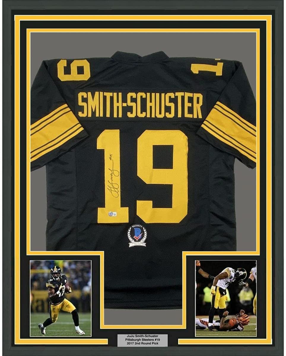Framed Autographed/Signed JuJu Smith-Schuster 35x39 Pittsburgh Color Rush Football Jersey Beckett BAS COA