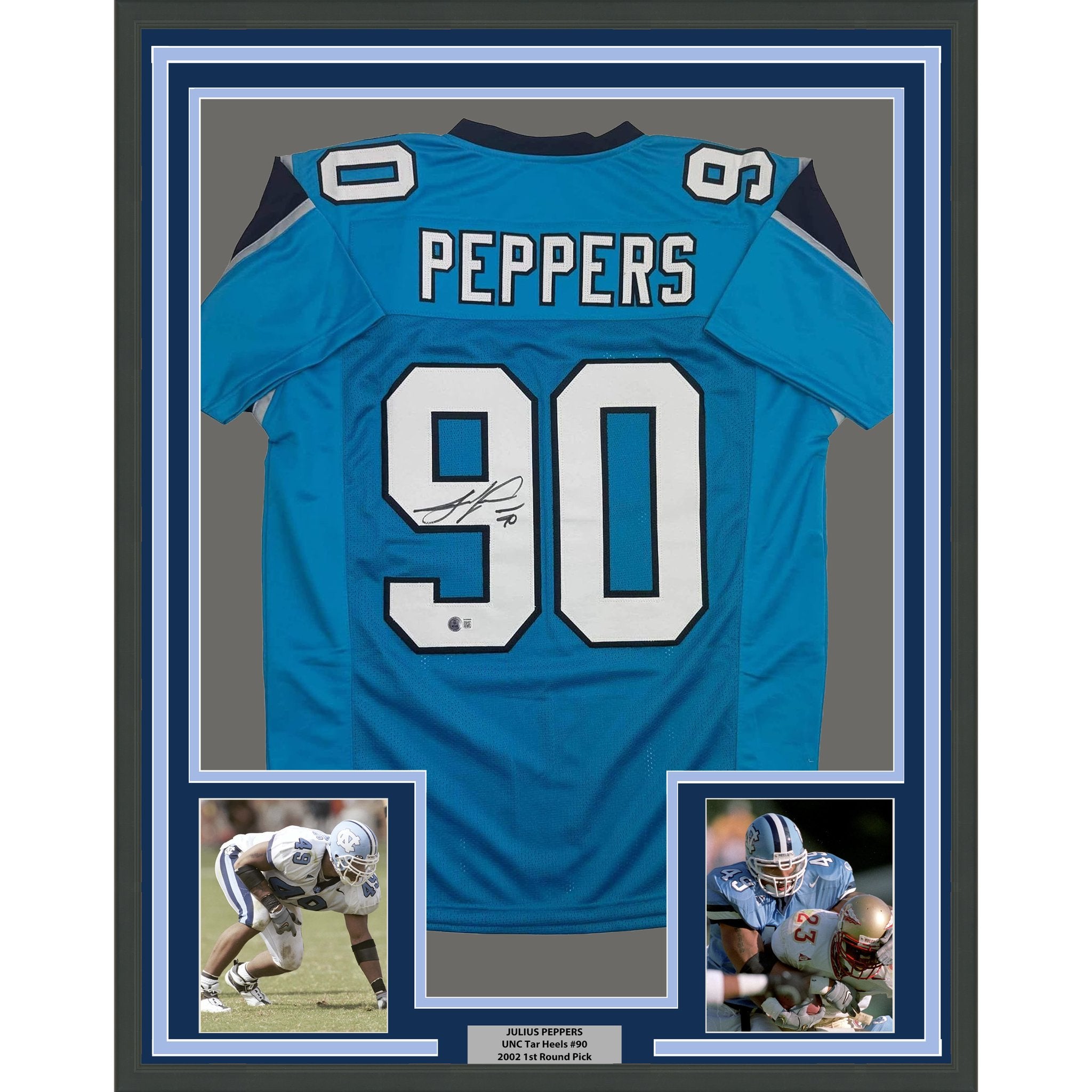 Framed Autographed/Signed Julius Peppers 35x39 Carolina Blue Football Jersey Beckett BAS COA