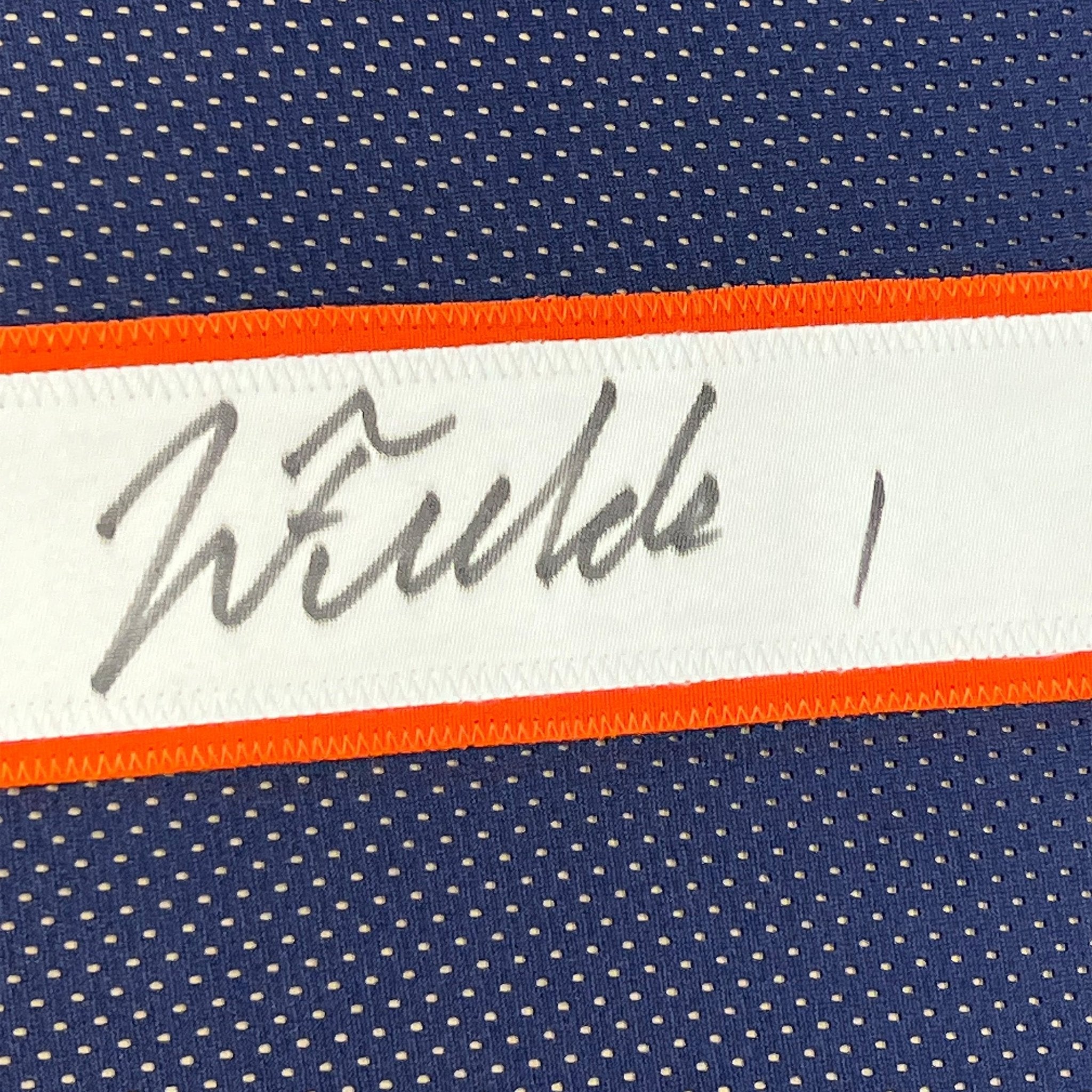 Framed Autographed/Signed Justin Fields 35x39 Chicago Blue Football Jersey JSA COA