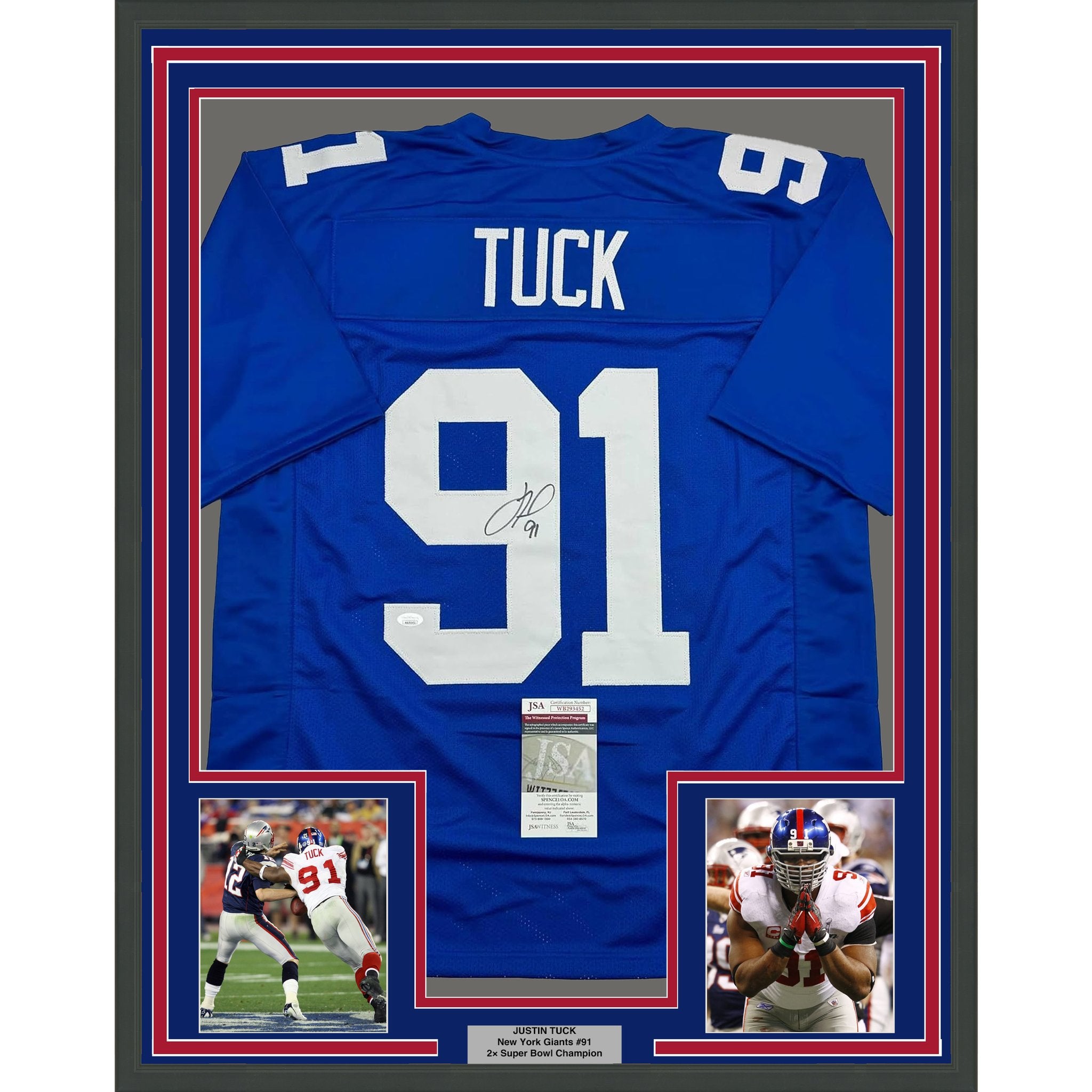Framed Autographed/Signed Justin Tuck 35x39 New York Blue Football Jersey JSA COA