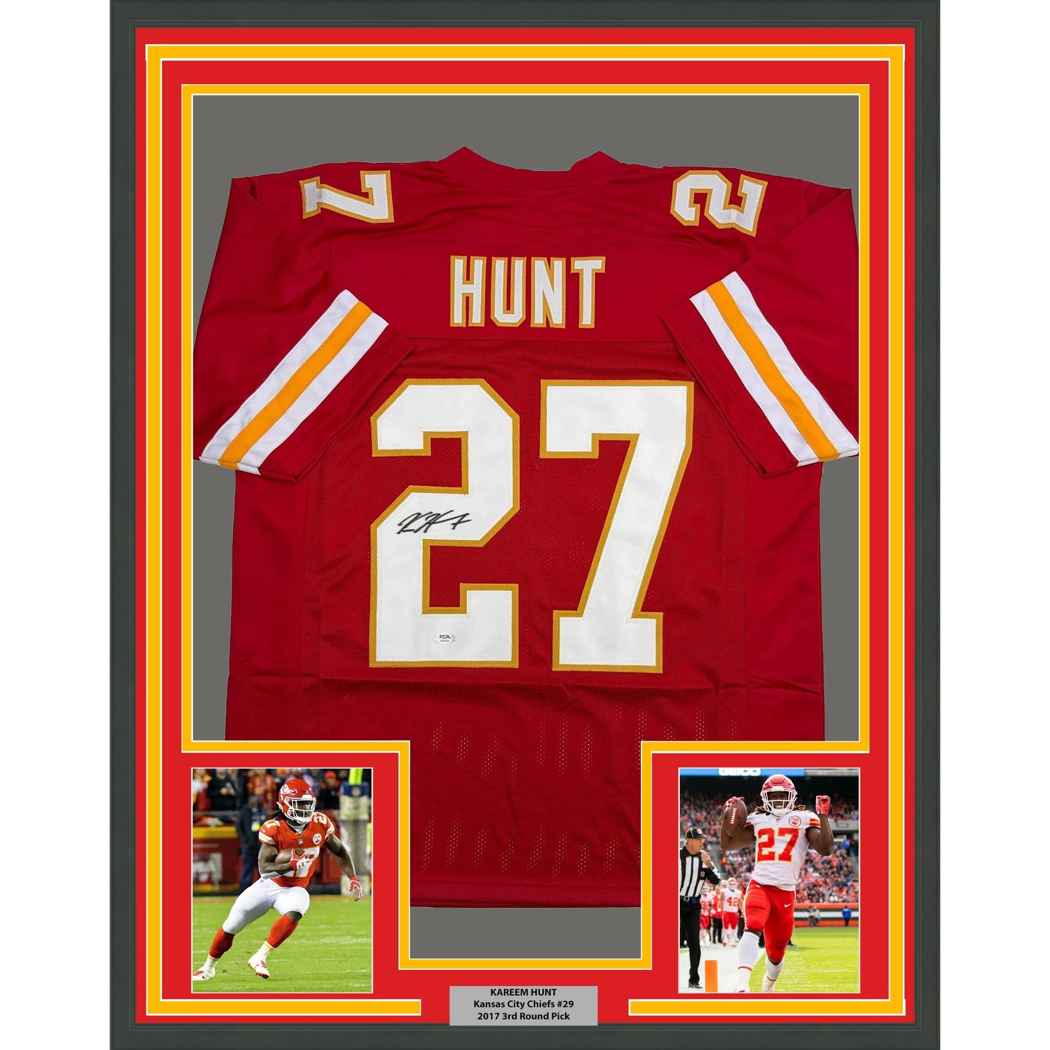 Framed Autographed/Signed Kareem Hunt #27 35x39 Kansas City Red Football Jersey PSA/DNA COA
