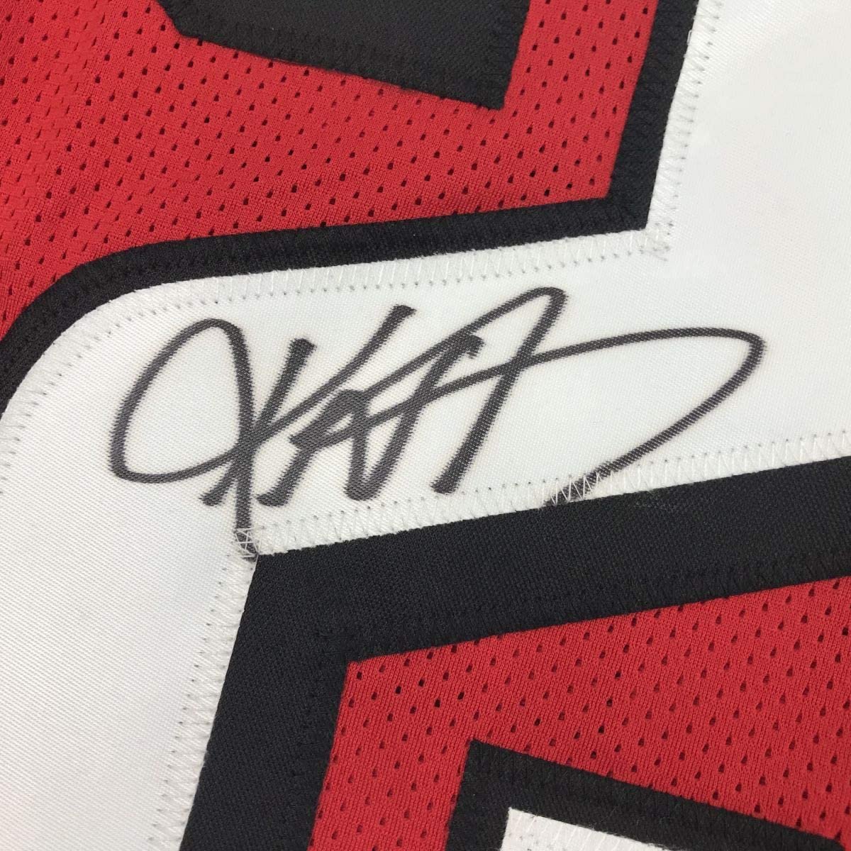 Framed Autographed/Signed Keanu Neal 35x39 Atlanta Red Football Jersey JSA COA
