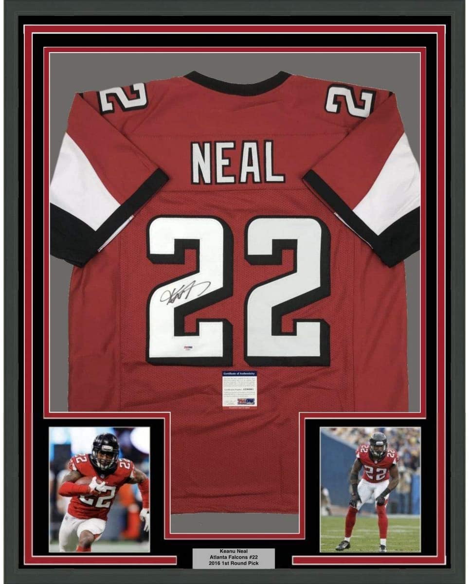 Framed Autographed/Signed Keanu Neal 35x39 Atlanta Red Football Jersey PSA/DNA COA
