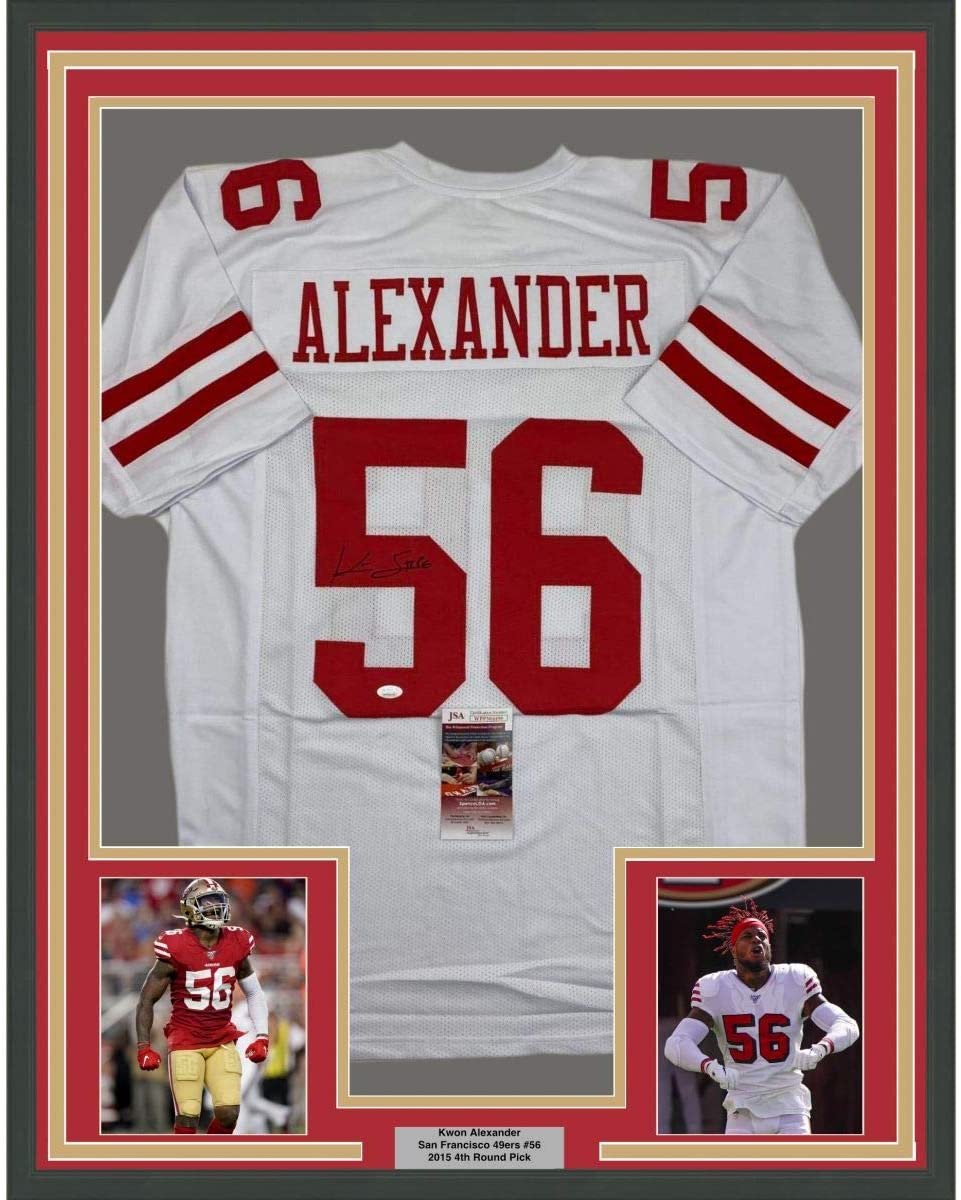 Framed Autographed/Signed Kwon Alexander 35x39 San Francisco White Football Jersey JSA COA