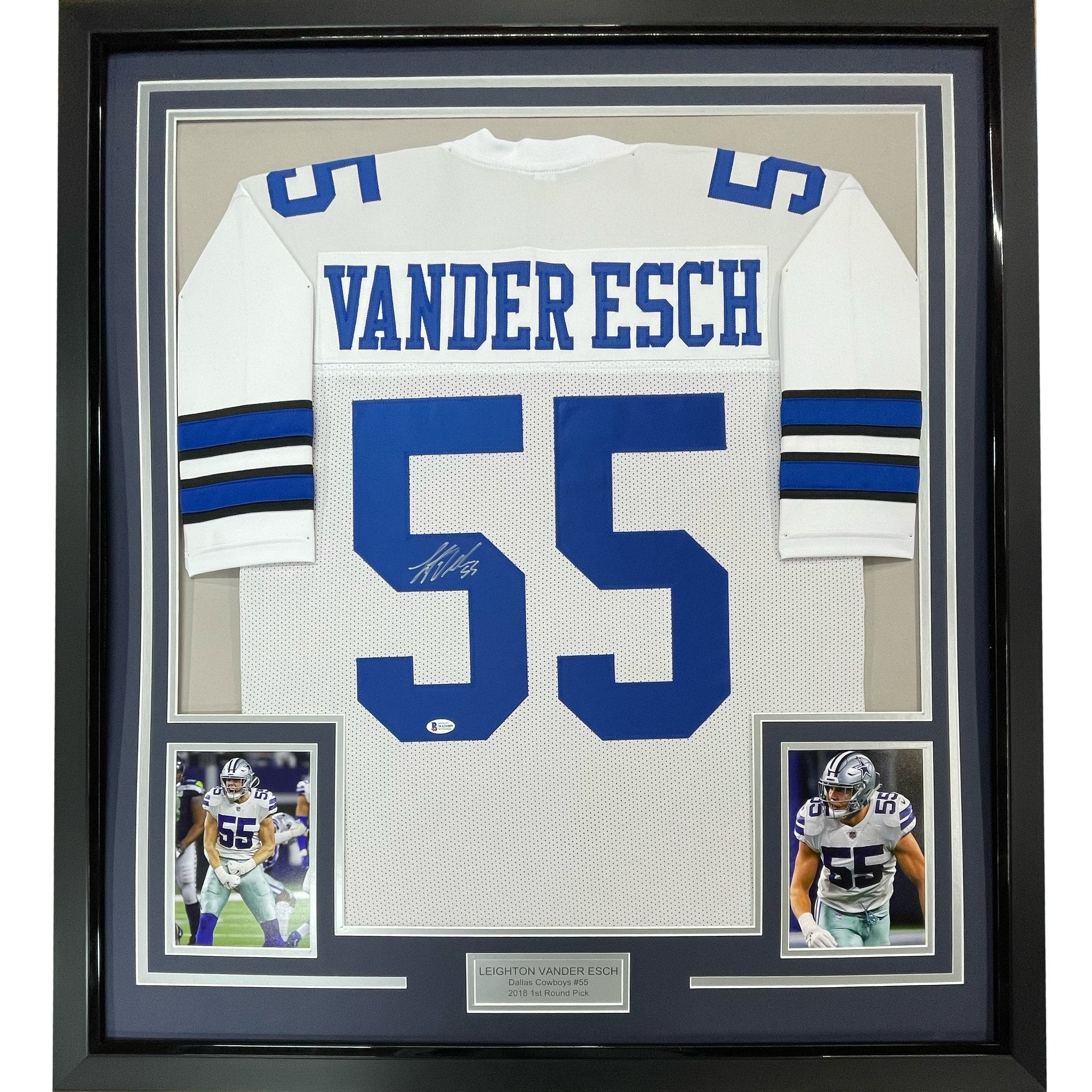 Framed Autographed/Signed Leighton Vander Esch 35x39 Dallas White Football Jersey JSA COA