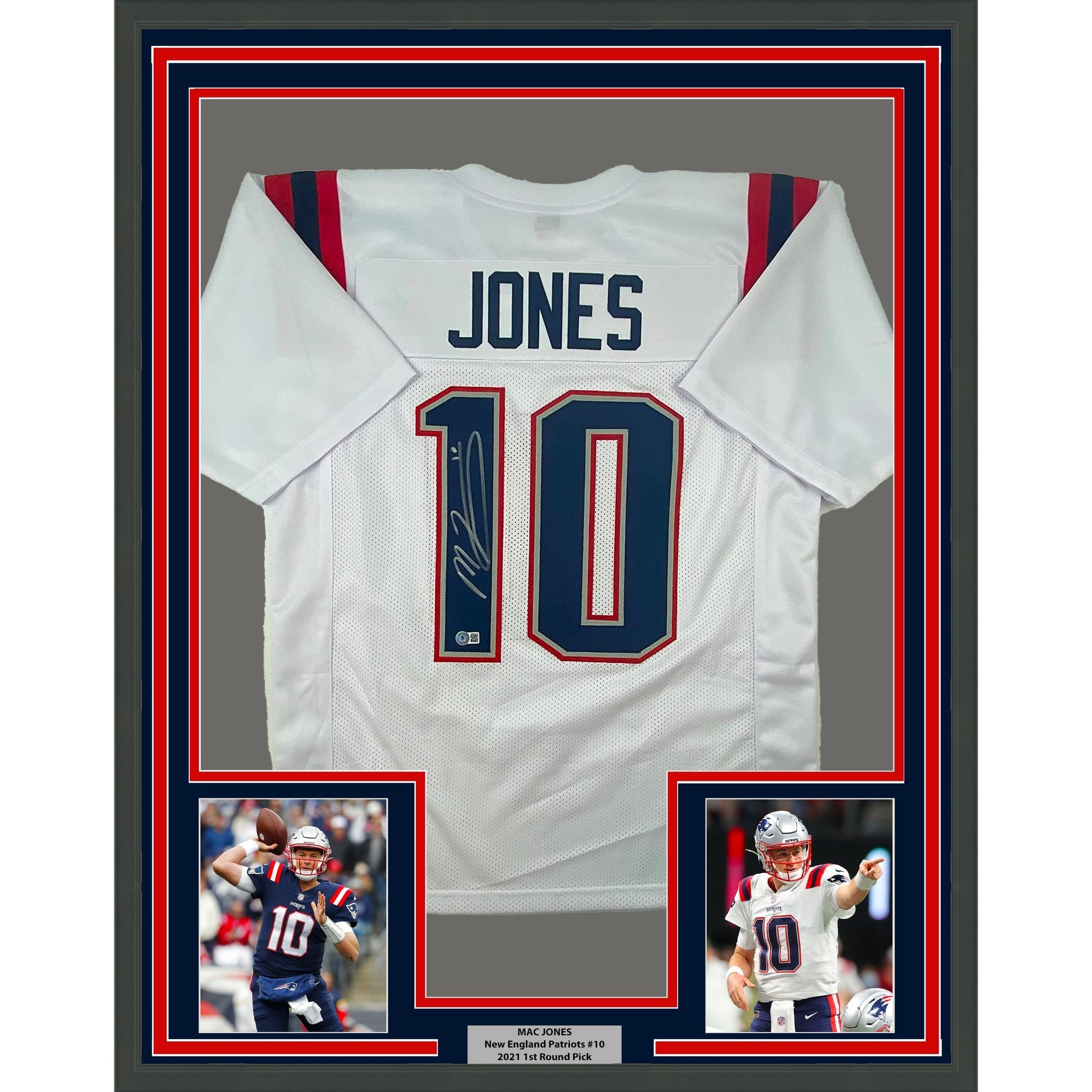 Framed Autographed/Signed Mac Jones 35x39 New England White Football Jersey Beckett BAS COA