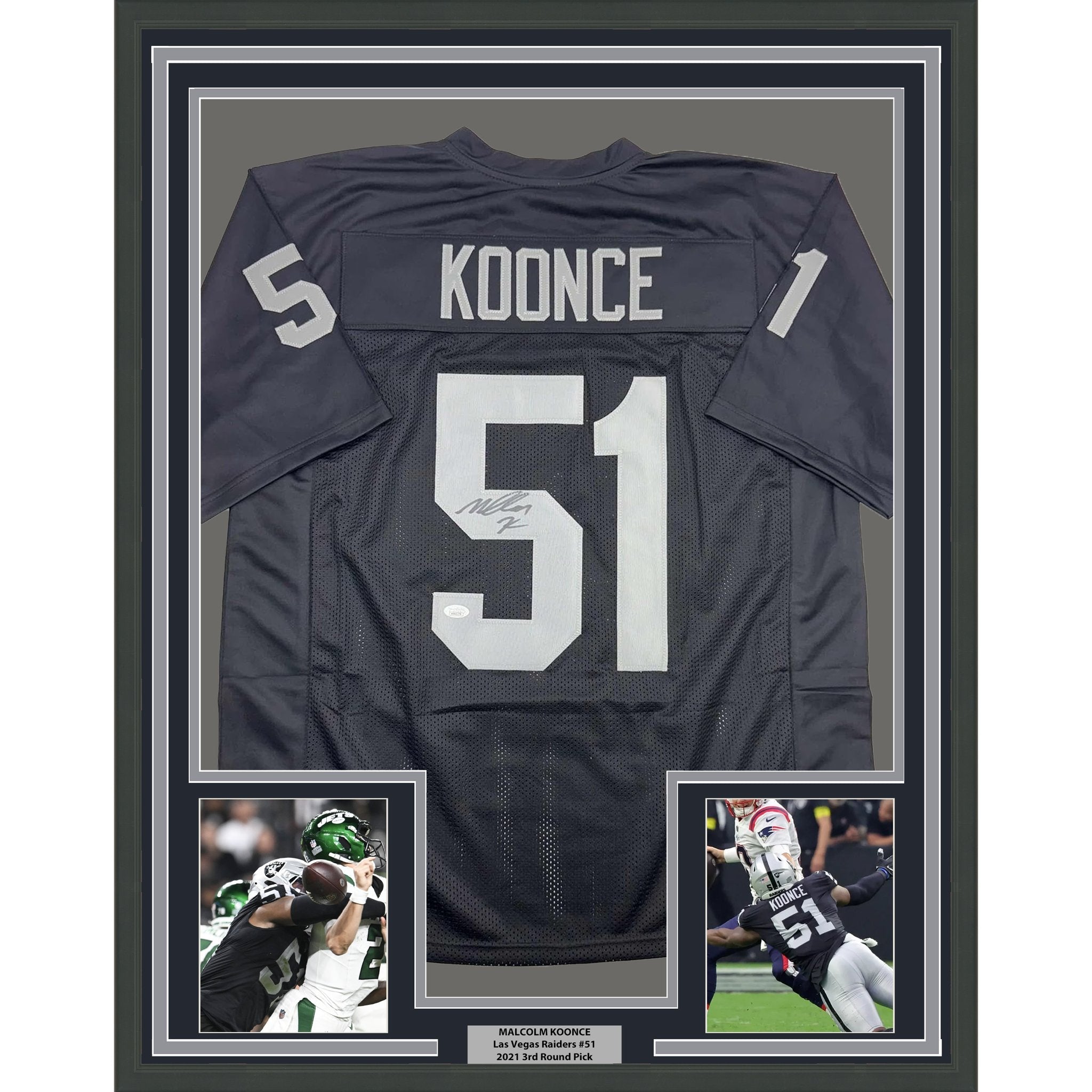 Framed Autographed/Signed Malcolm Koonce 35x39 Las Vegas Oakland Black Football Jersey JSA COA