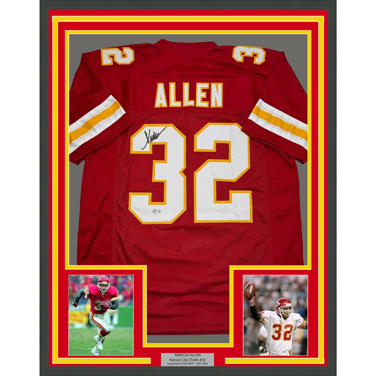 Framed Autographed/Signed Marcus Allen 35x39 Kansas City Red Football Jersey Beckett BAS COA