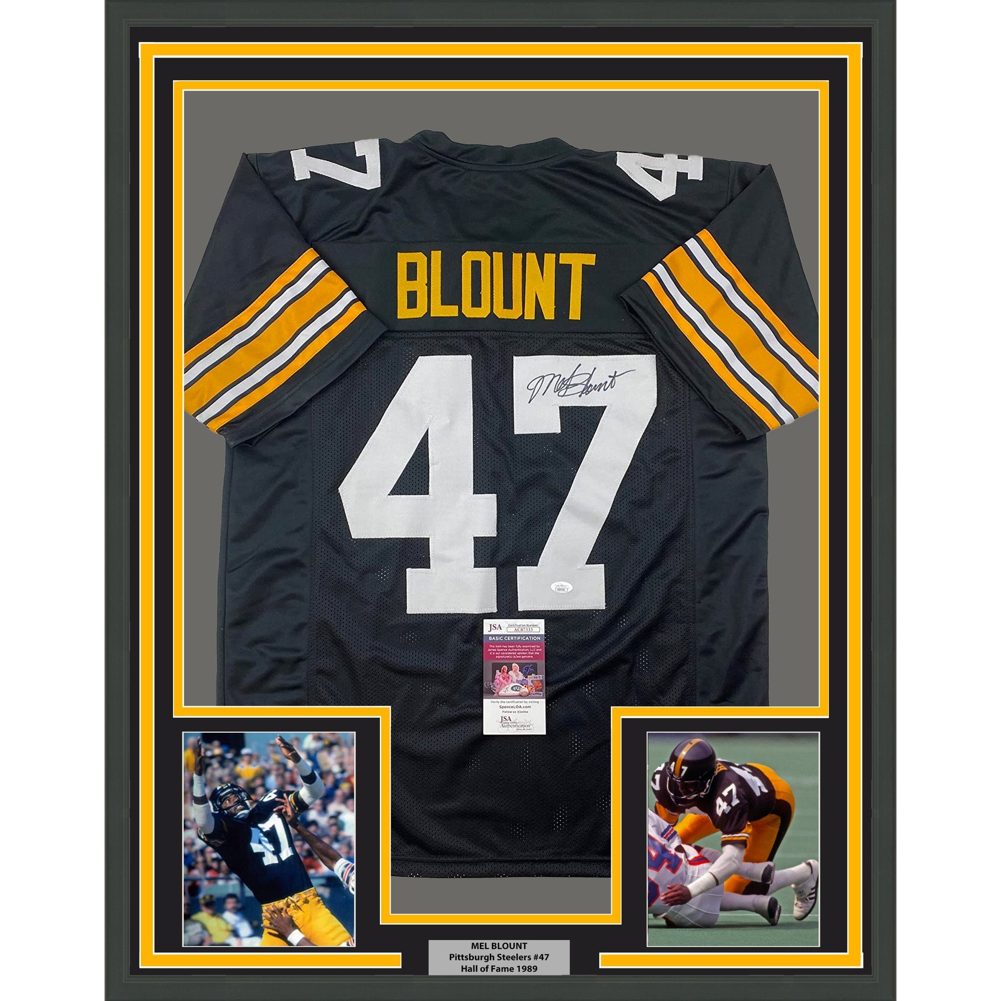 Framed Autographed/Signed Mel Blount 35x39 Pittsburgh Black Football Jersey JSA COA