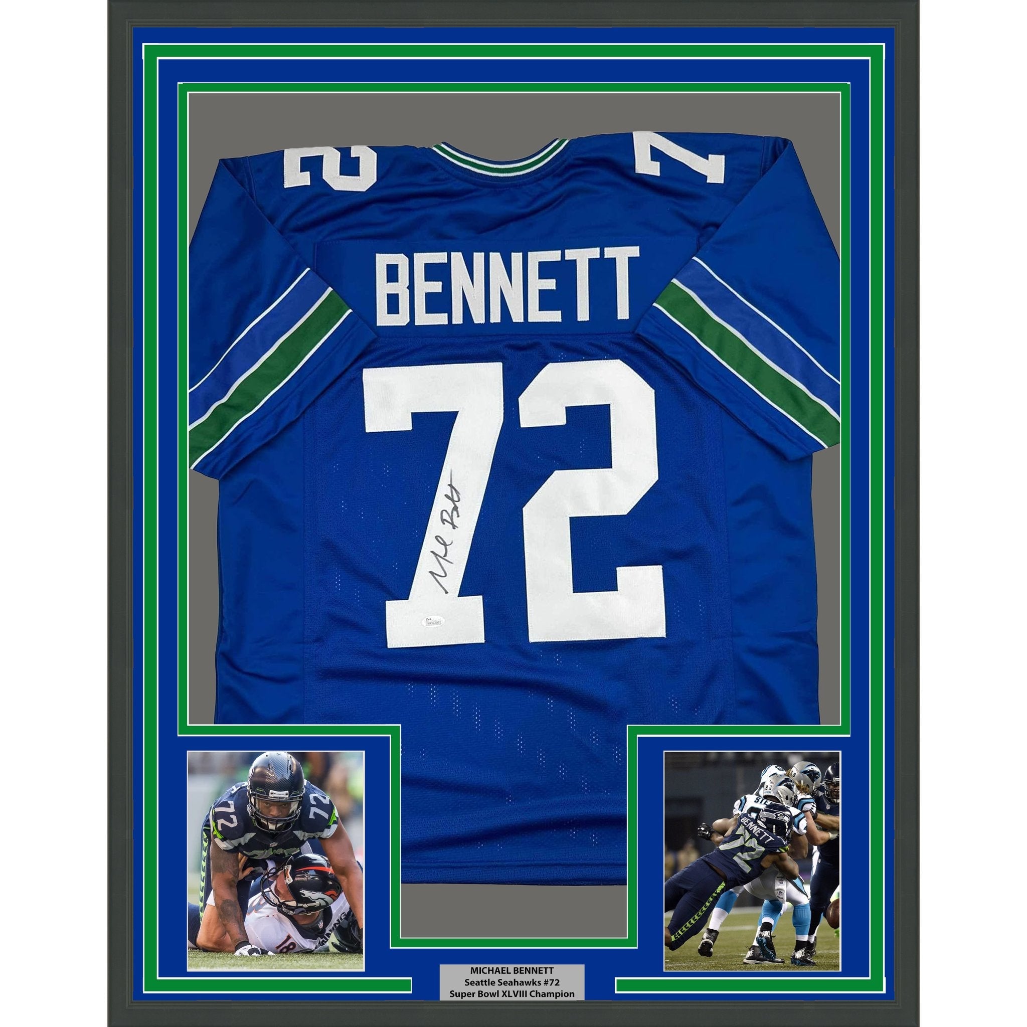 Framed Autographed/Signed Michael Bennett 35x39 Seattle Blue Retro Football Jersey JSA COA