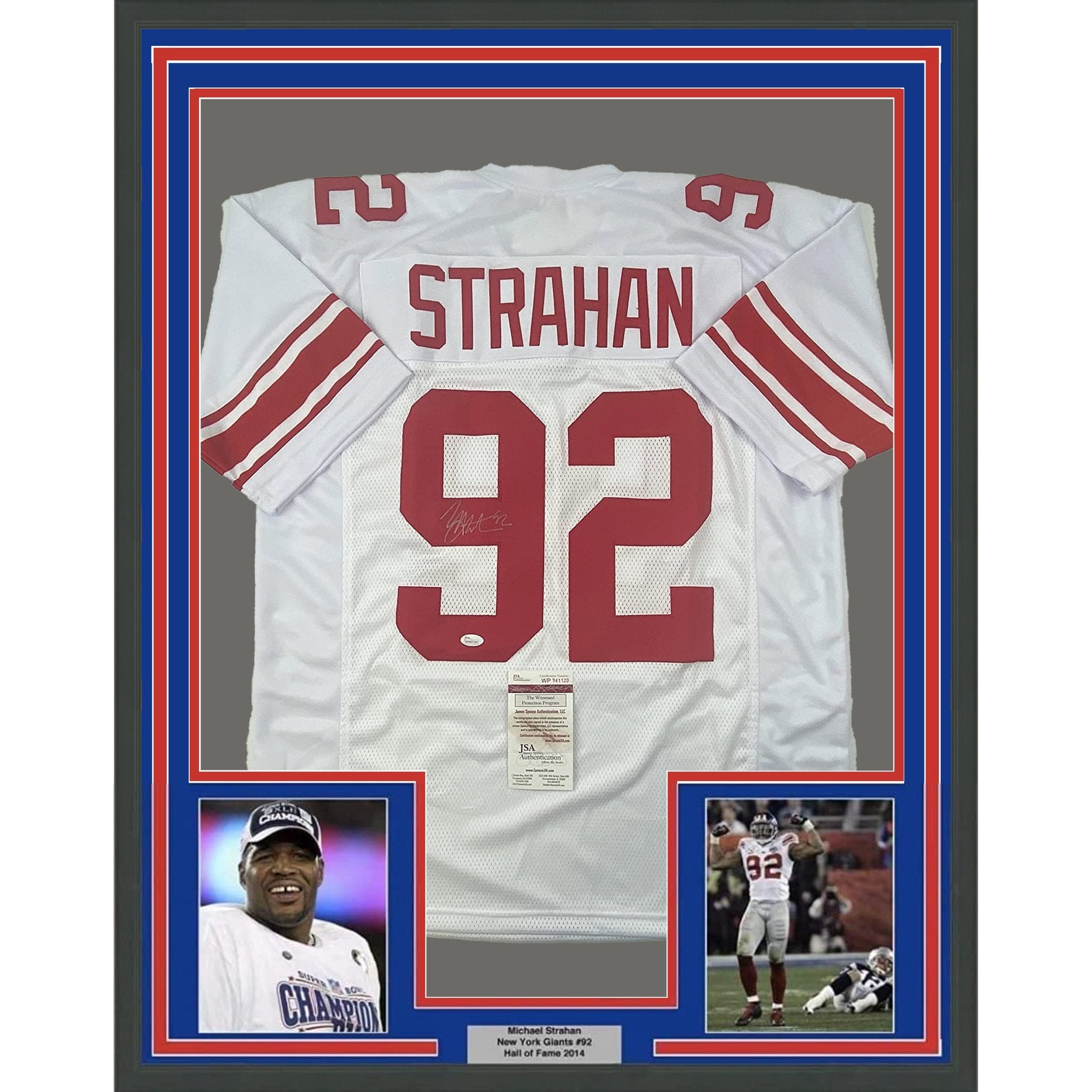 Framed Autographed/Signed Michael Strahan 35x39 New York White Football Jersey JSA COA