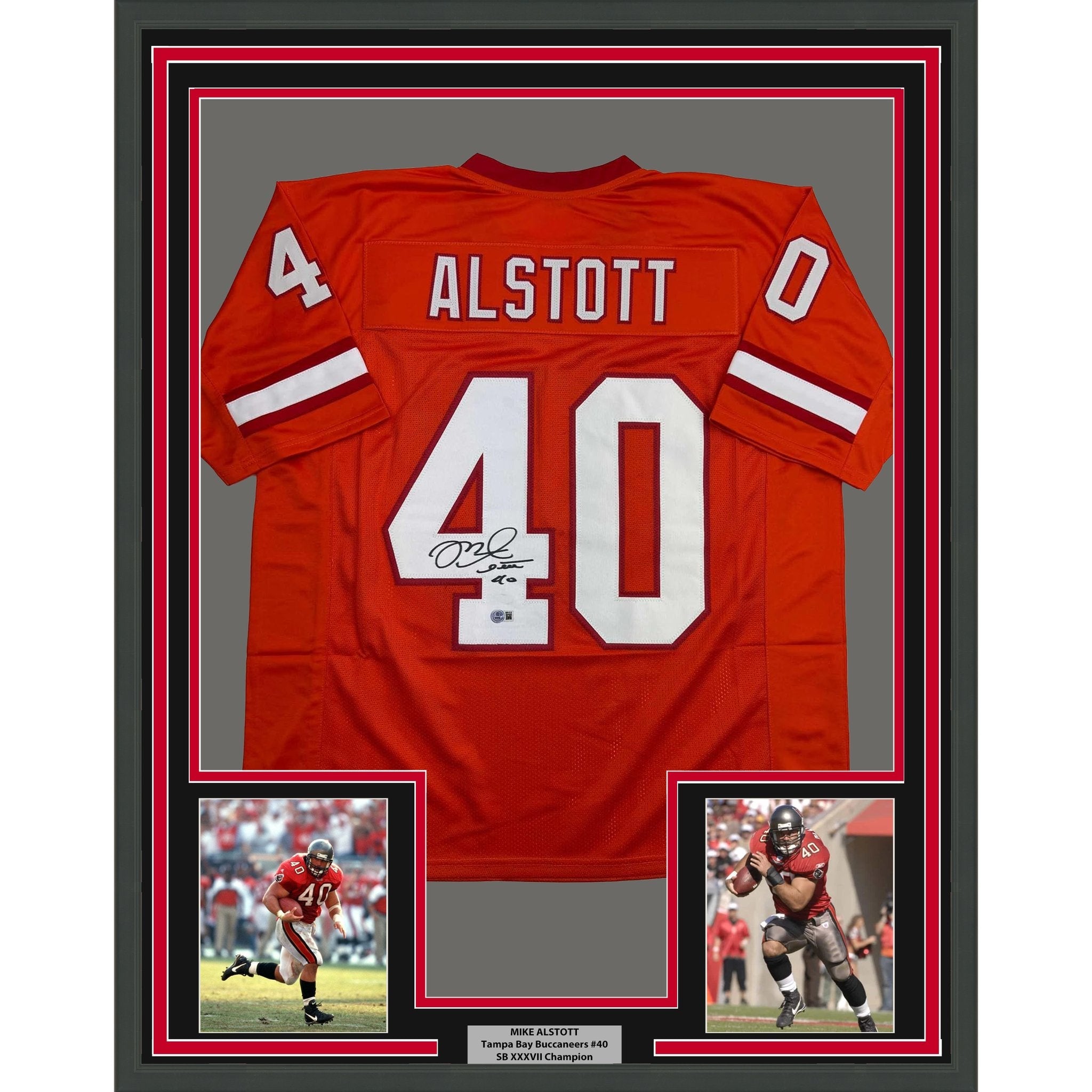 Framed Autographed/Signed Mike Alstott 35x39 Tampa Bay Orange Creamsicle Football Jersey Beckett BAS COA