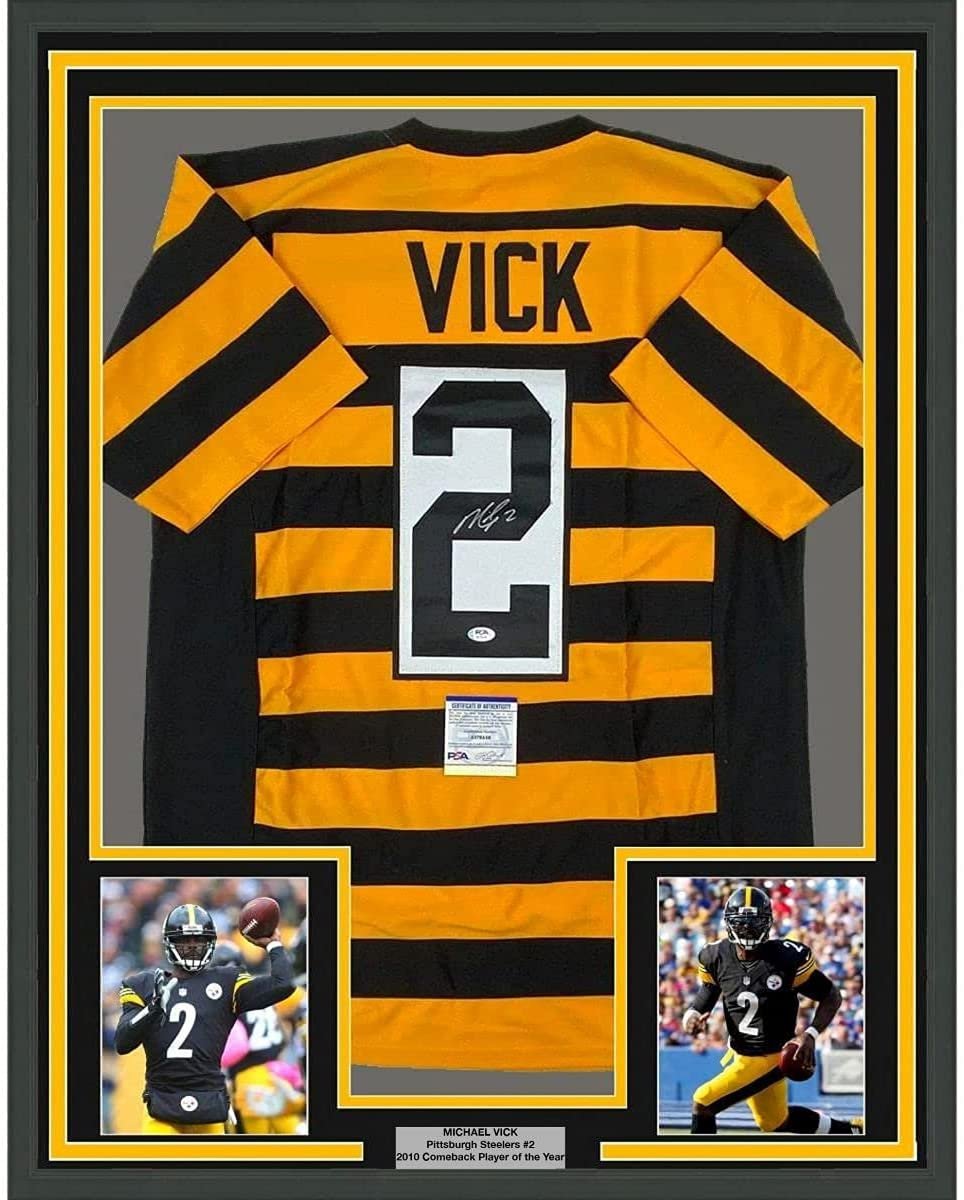 Framed Autographed/Signed Michael Mike Vick 35x39 Pittsburgh Bumble Bee Football Jersey PSA/DNA COA