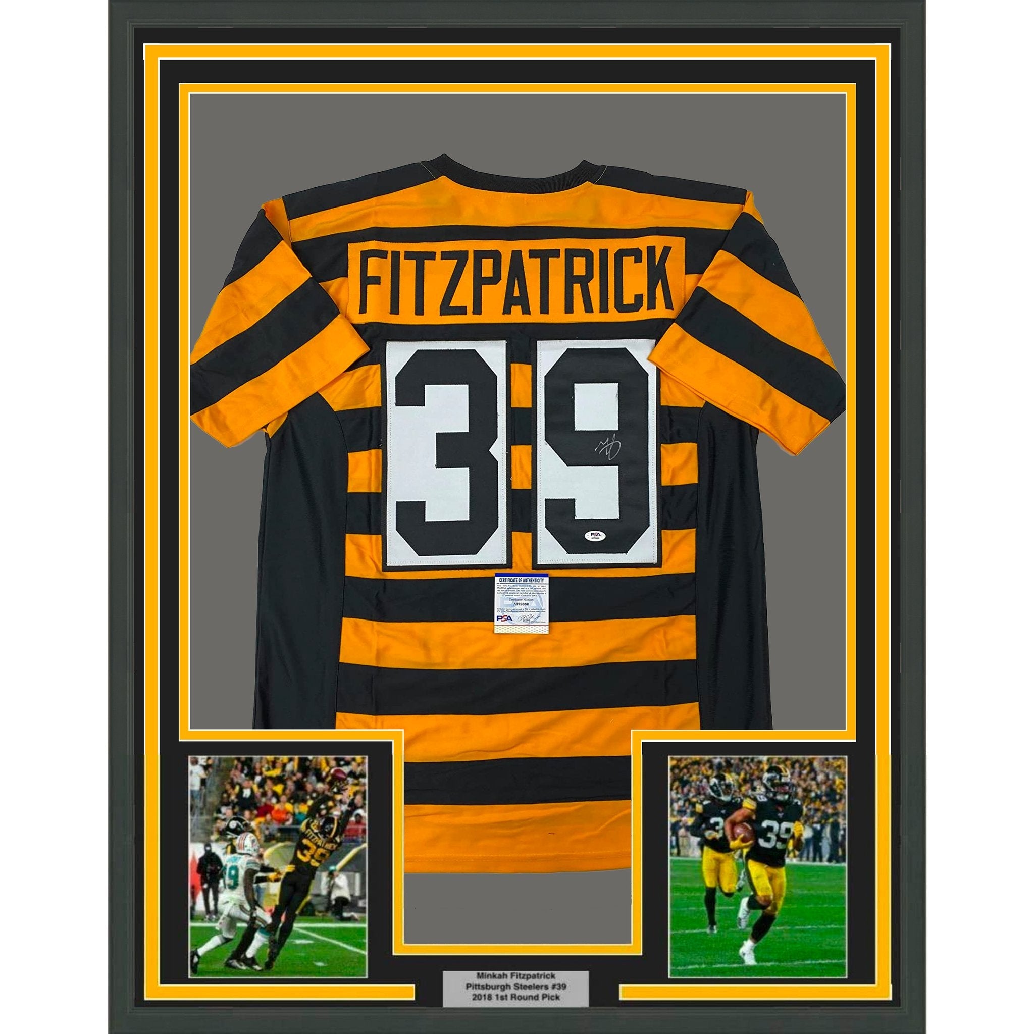 Framed Autographed/Signed Minkah Fitzpatrick 35x39 Pittsburgh Bumble Bee Football Jersey PSA/DNA COA