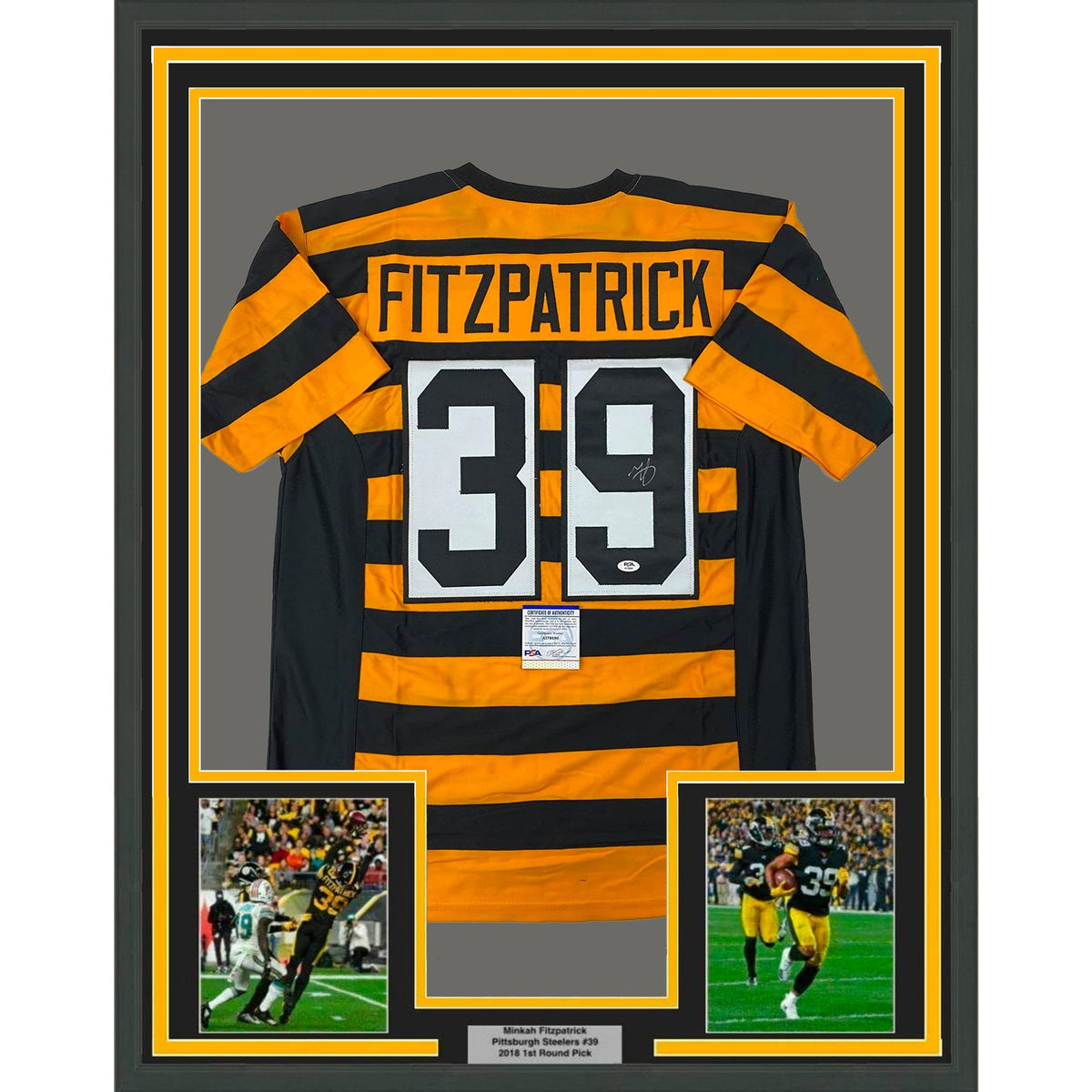 Framed Autographed/Signed Minkah Fitzpatrick 35x39 Pittsburgh Bumble Bee Football Jersey PSA/DNA COA