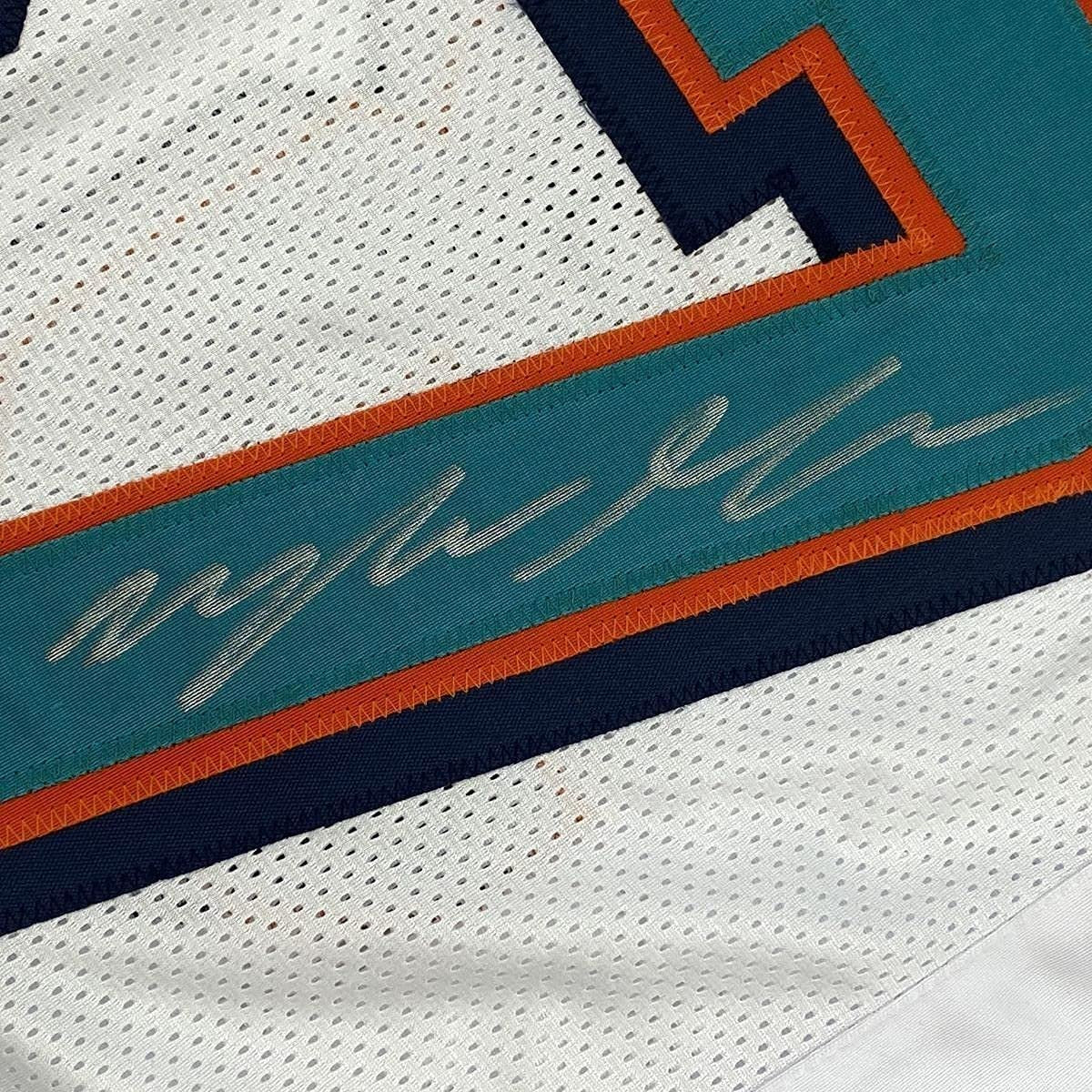 Framed Autographed/Signed Myles Gaskin 35x39 Miami White Football Jersey JSA COA