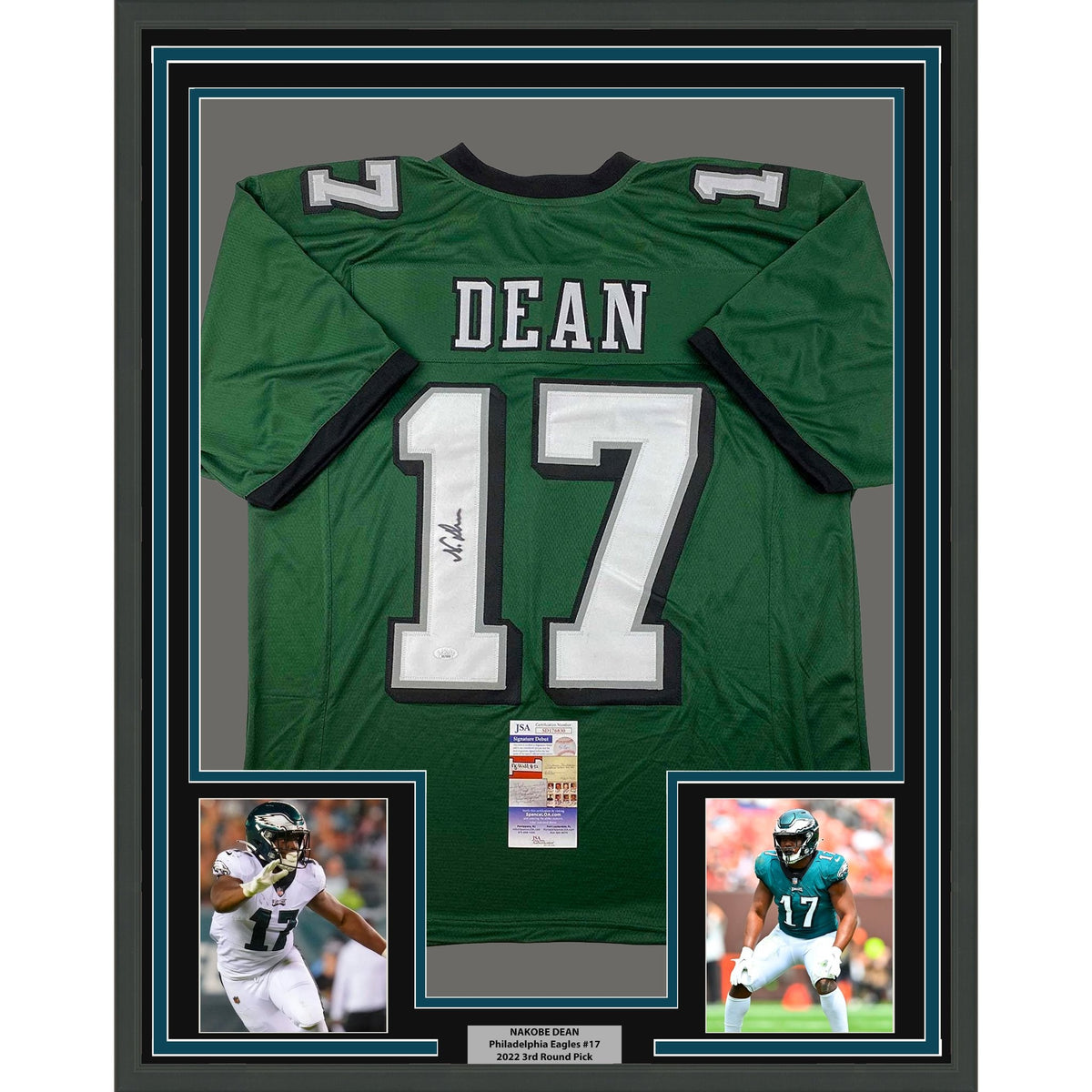 Framed Autographed/Signed Nakobe Dean 35x39 Philadelphia Green Football Jersey JSA COA