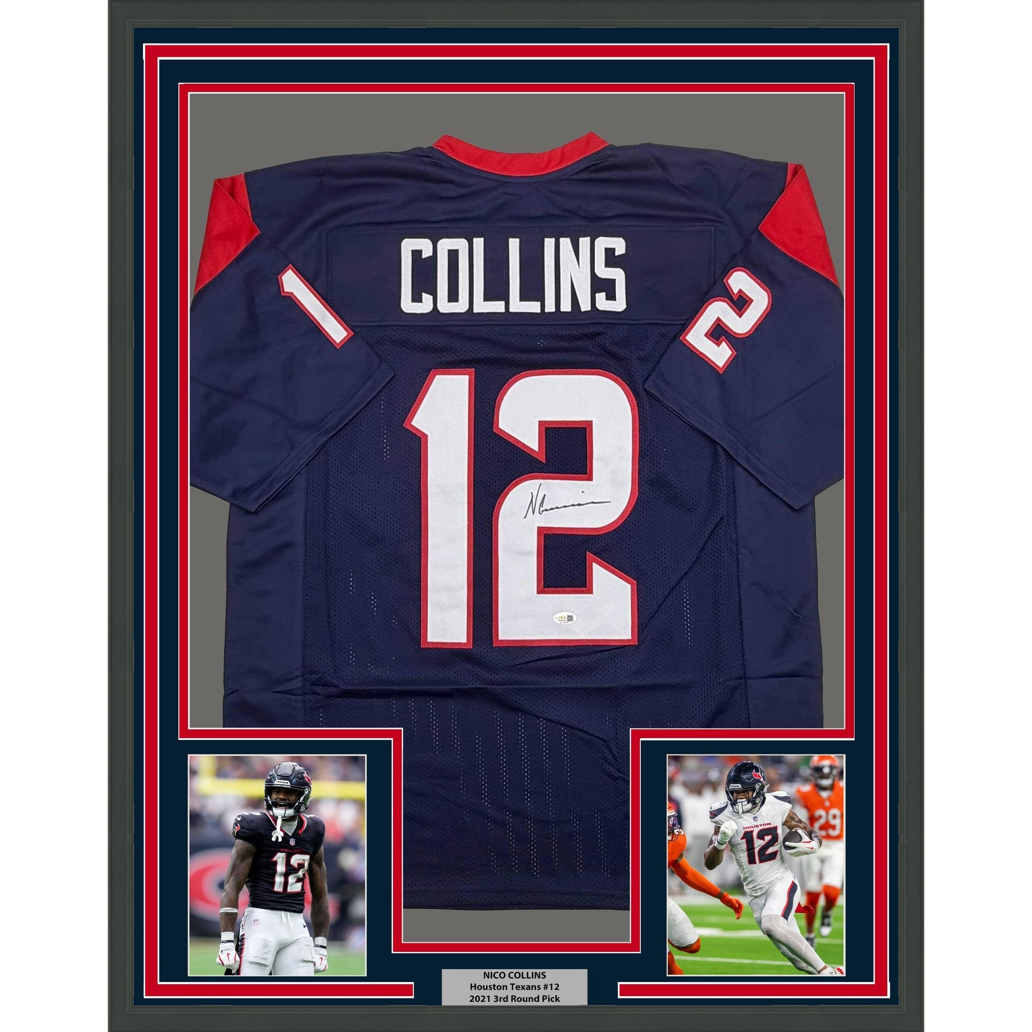 Framed Autographed/Signed Nico Collins 35x39 Houston Blue Rookie Football Jersey JSA COA