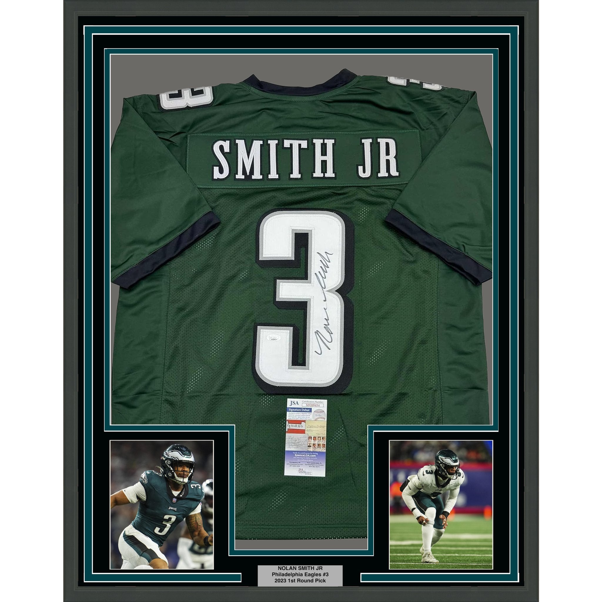 Framed Autographed/Signed Nolan Smith Jr. 35x39 Philadelphia Green Football Jersey JSA COA