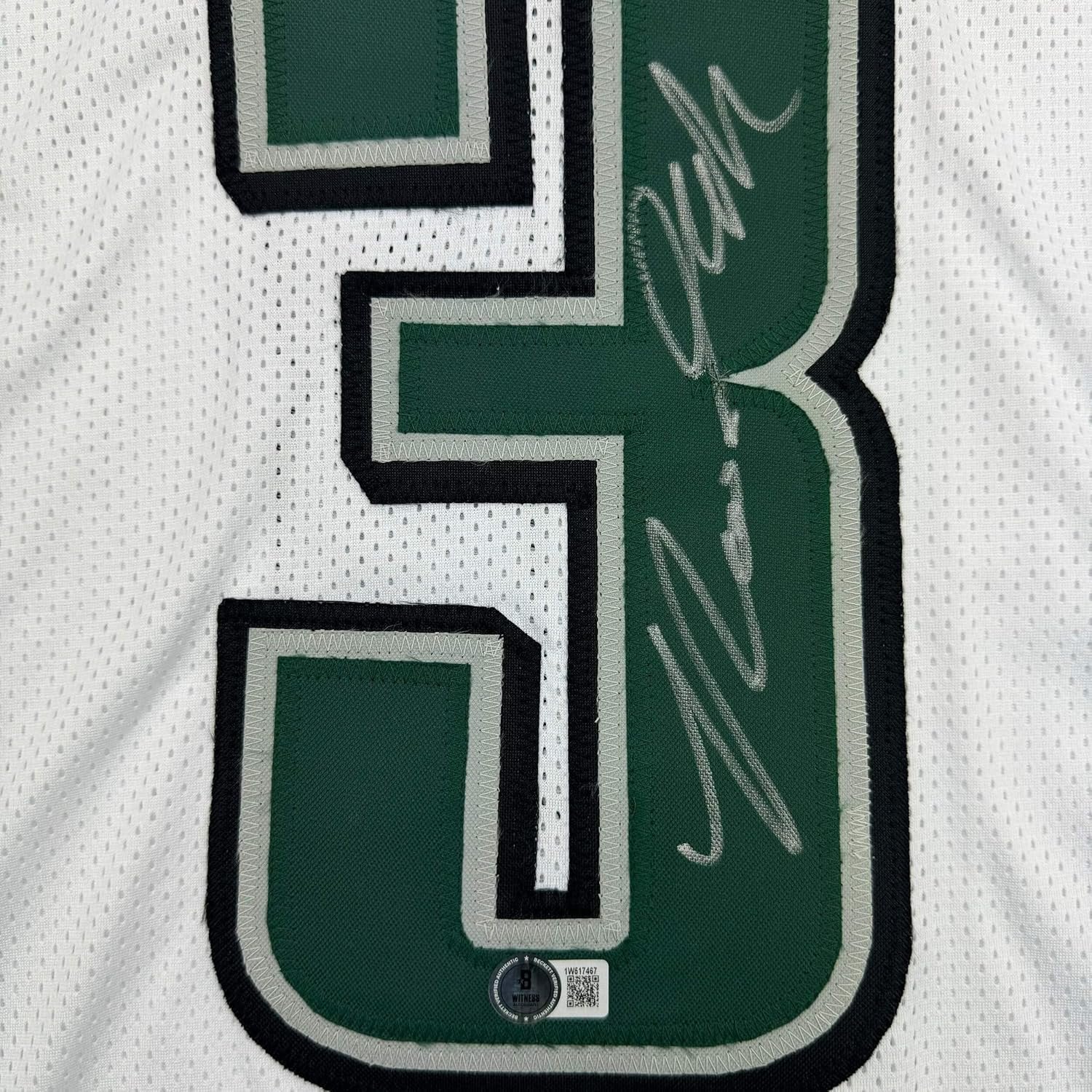 Framed Autographed/Signed Nolan Smith Jr. 35x39 Philadelphia White Football Jersey Beckett BAS COA