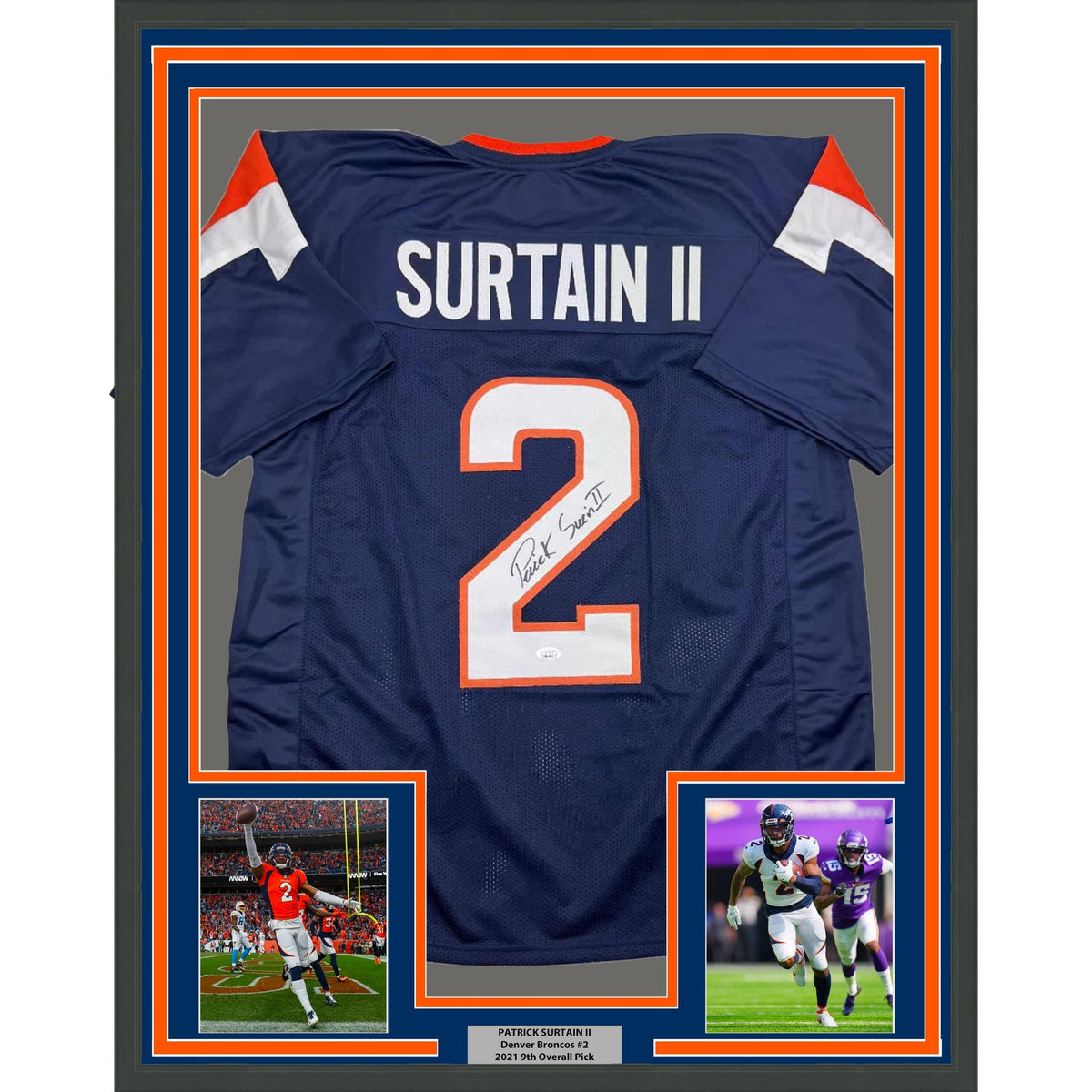 Framed Autographed/Signed Patrick Surtain II 35x39 Denver Blue Football Jersey JSA COA #2