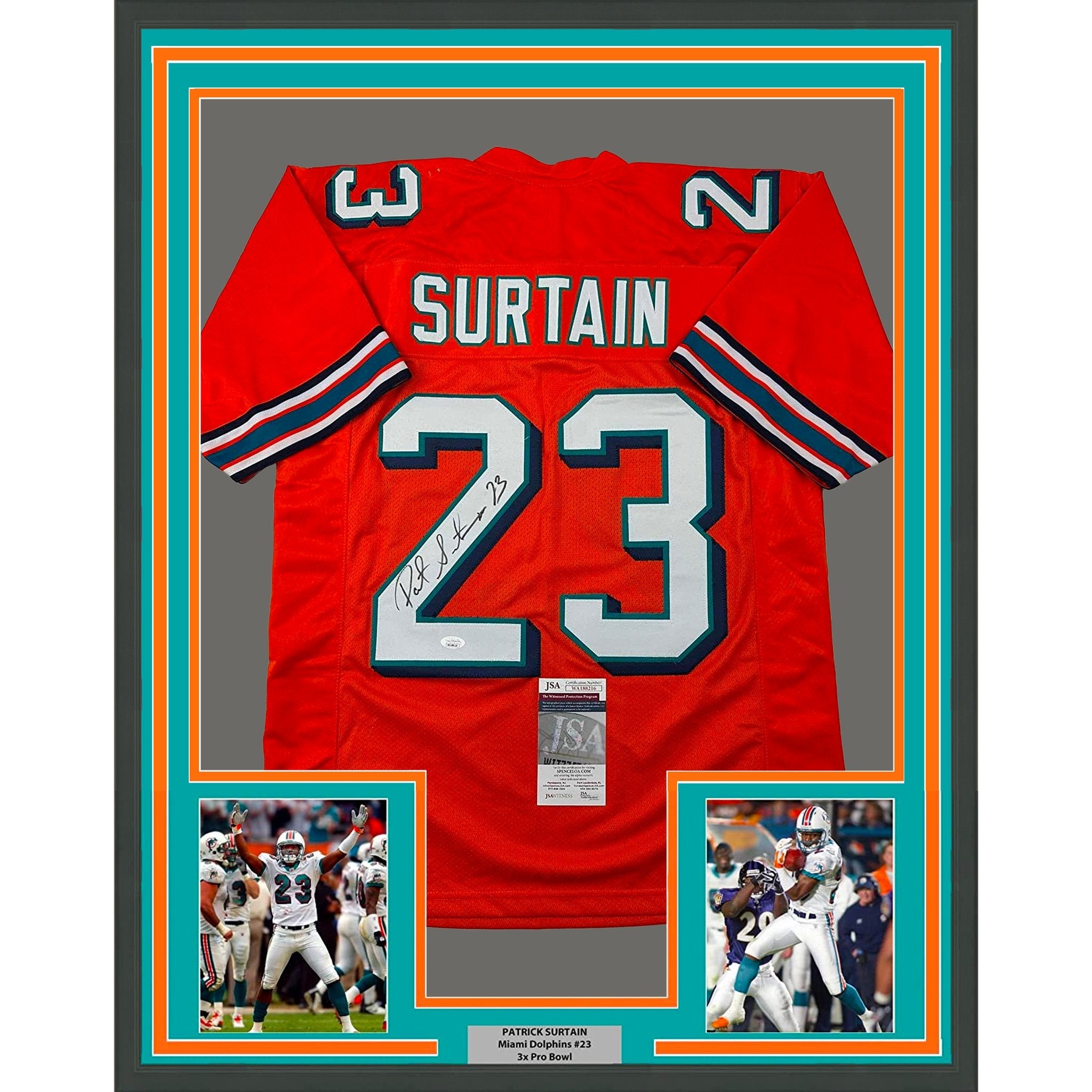 Framed Autographed/Signed Patrick Surtain 35x39 Miami Orange Football Jersey JSA COA