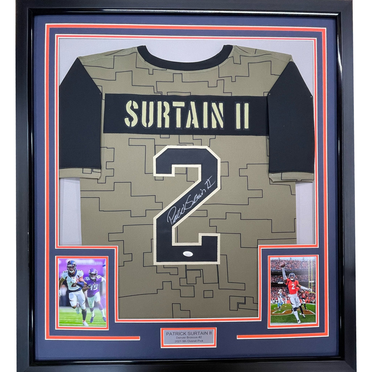Framed Autographed/Signed Patrick Surtain II 35x39 Denver Salute To Service Football Jersey JSA COA