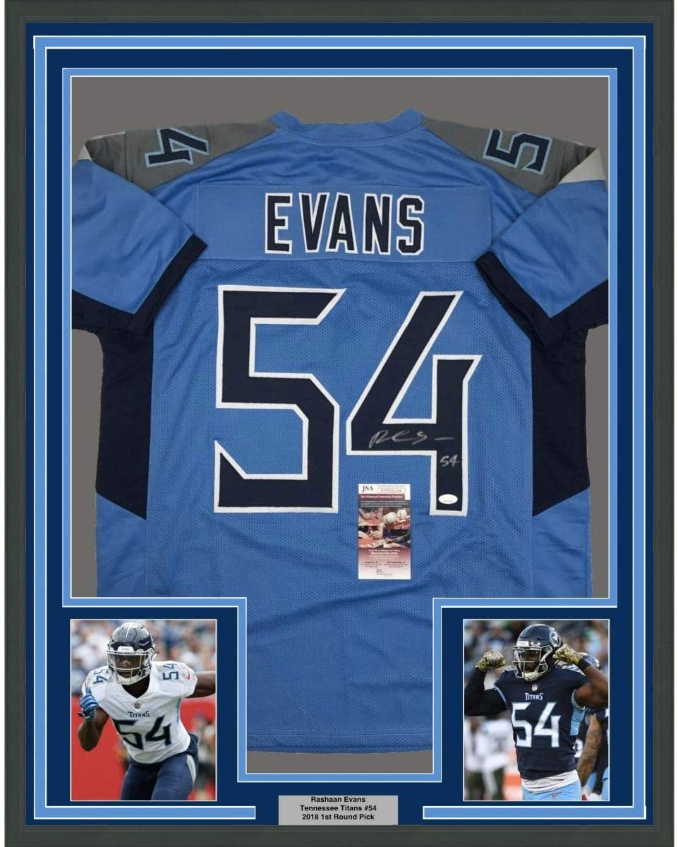 Framed Autographed/Signed Rashaan Evans 35x39 Tennessee Light Blue Football Jersey JSA COA