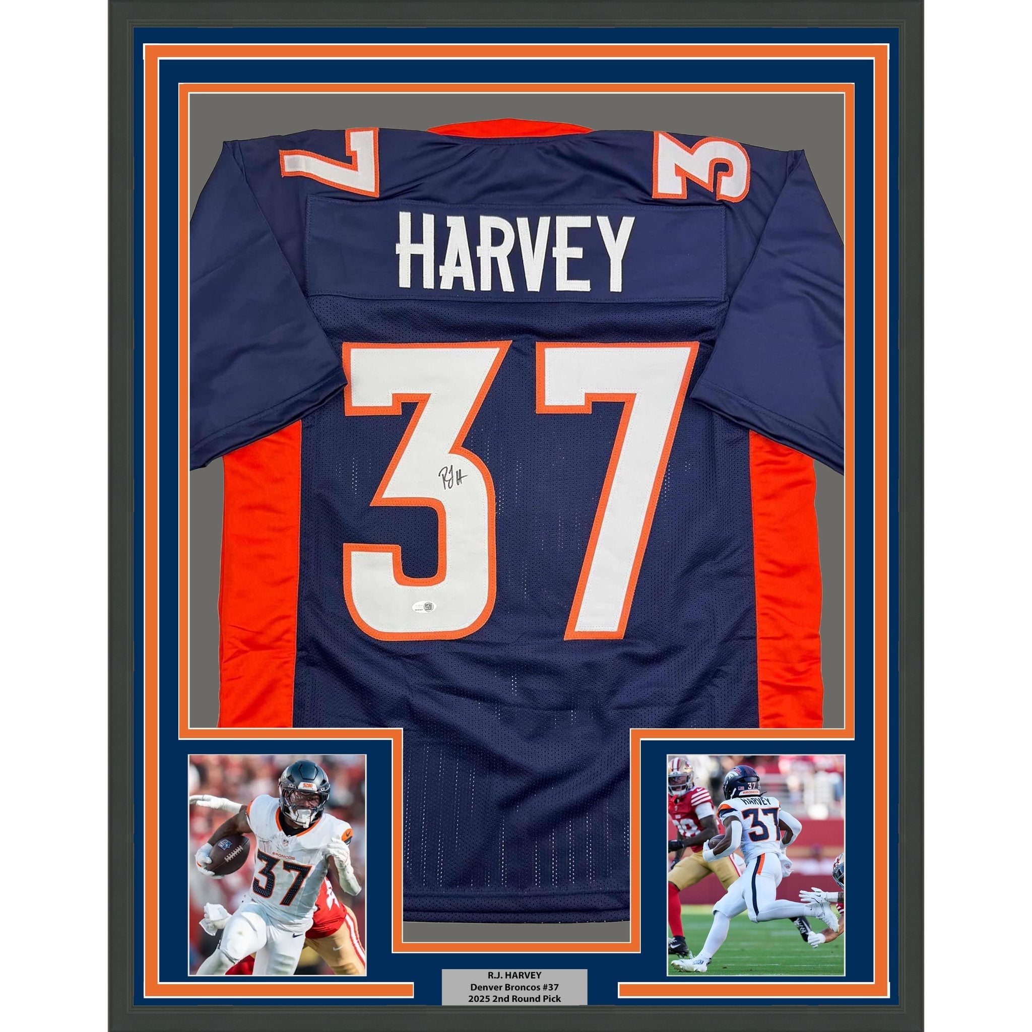 Framed Autographed/Signed R.J RJ Harvey 35x39 Denver Blue Football Jersey JSA COA