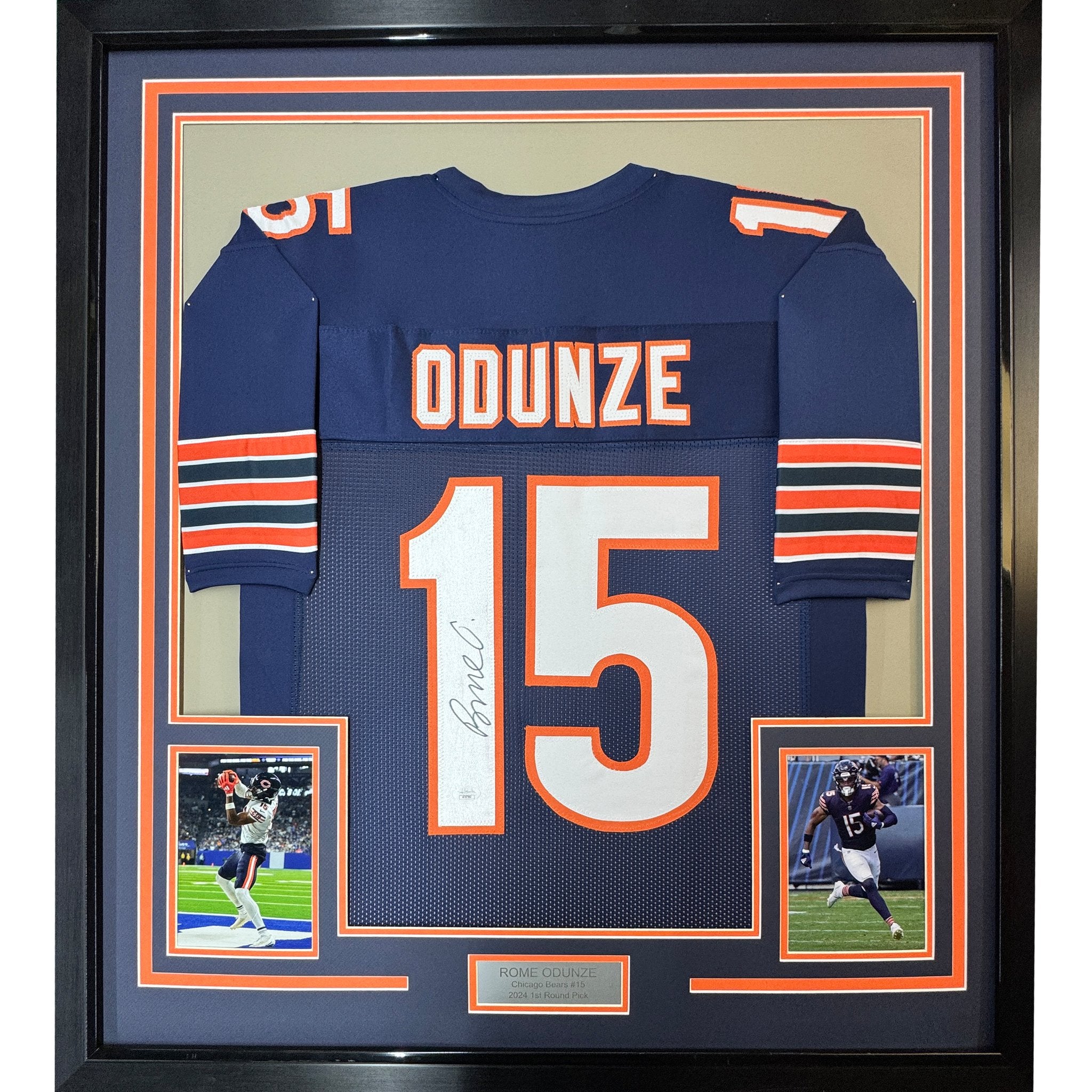 Framed Autographed/Signed Rome Odunze 35x39 Chicago Blue Football Jersey JSA COA