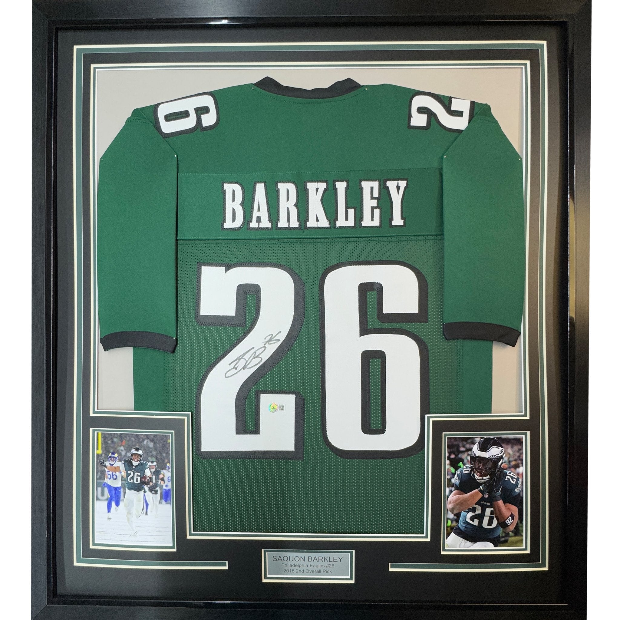 Framed Autographed/Signed Saquon Barkley 35x39 Philadelphia Midnight Green Football Jersey Beckett BAS COA
