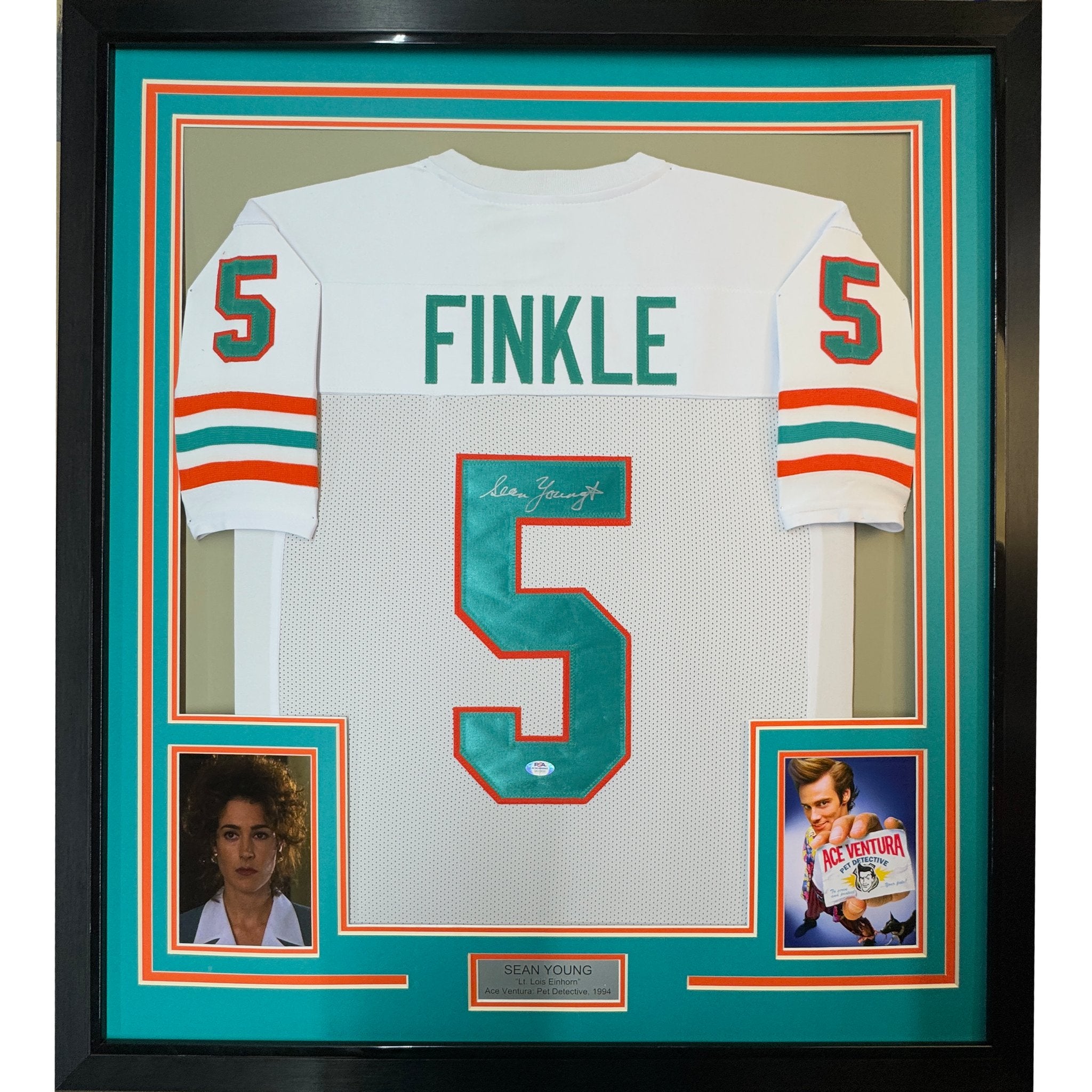Framed Autographed/Signed Sean Young 35x39 Ray Finkle Miami White Ace Ventura Movie Football Jersey PSA/DNA COA