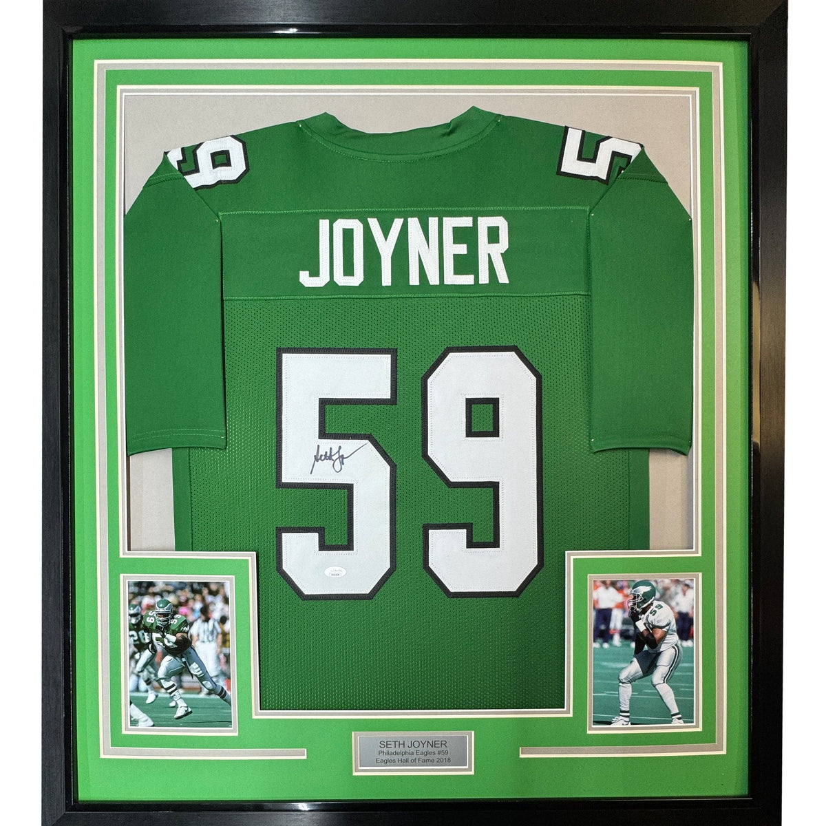 Framed Autographed/Signed Seth Joyner 35x39 Philadelphia Green Football Jersey JSA COA