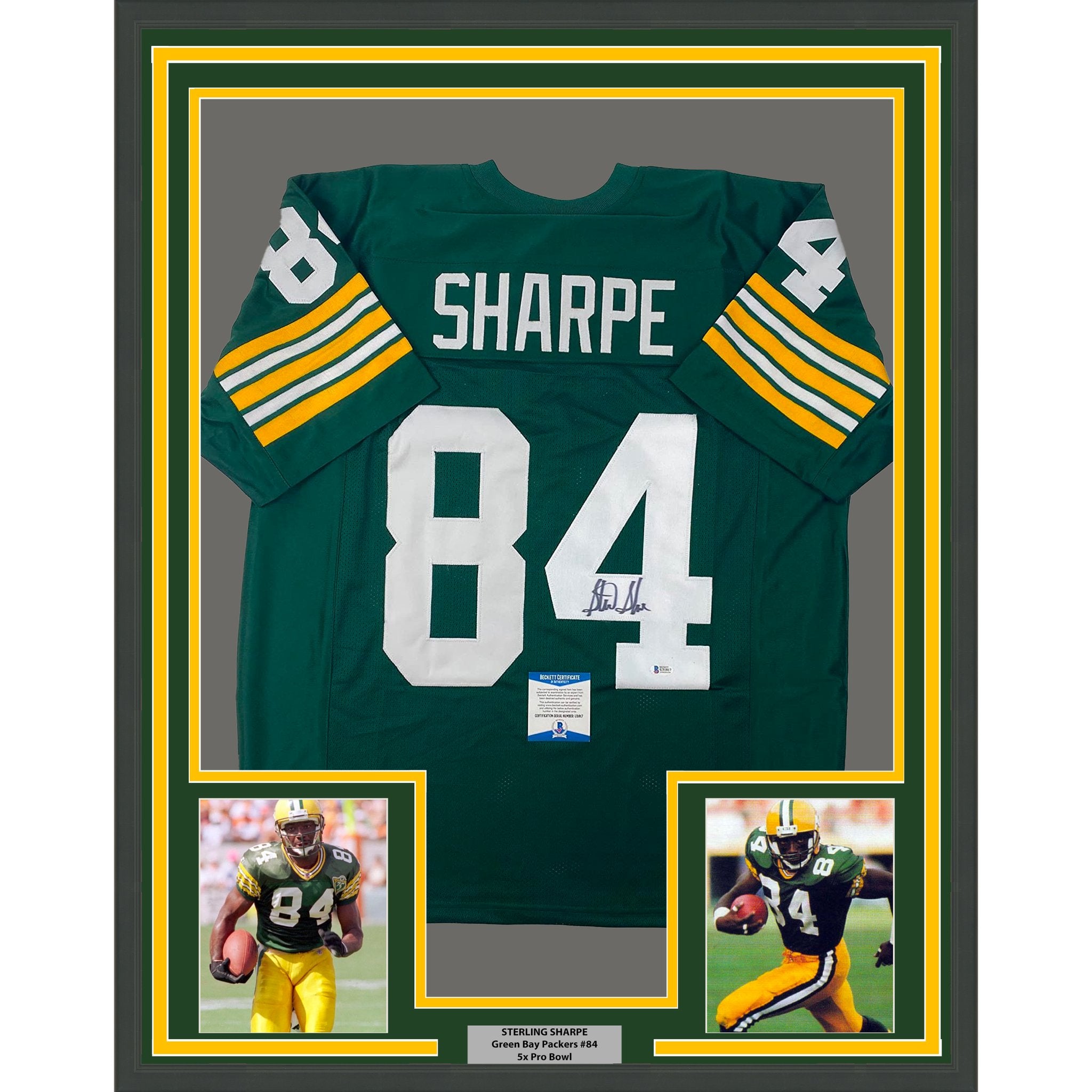 Framed Autographed/Signed Sterling Sharpe 35x39 Green Bay Green Football Jersey Beckett BAS COA