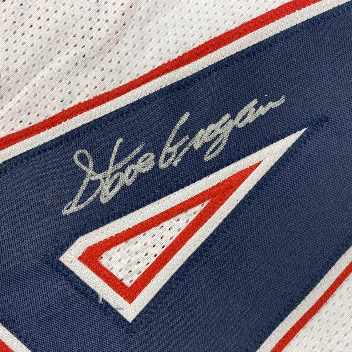 Framed Autographed/Signed Steve Grogan 35x39 New England White Modern Football Jersey JSA COA