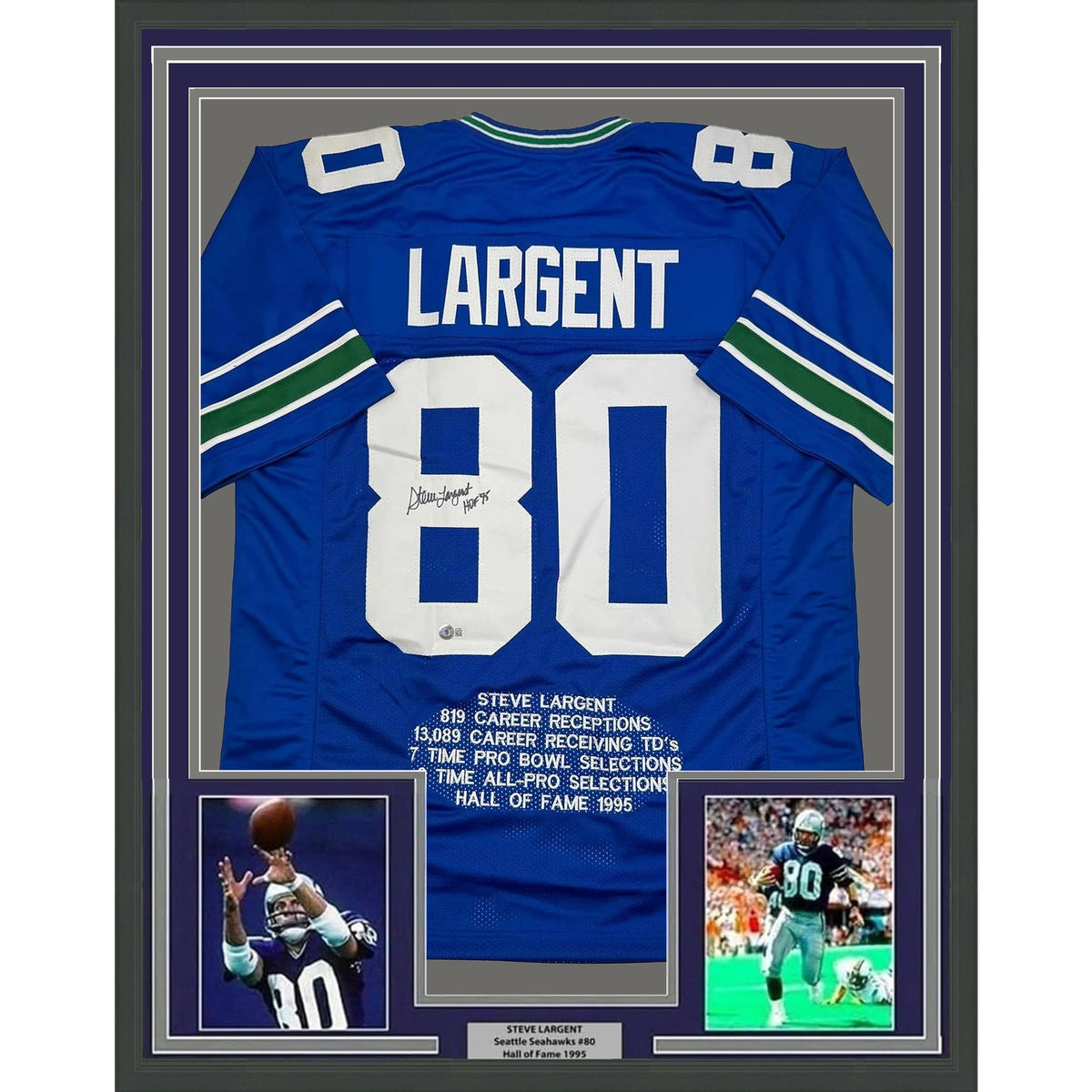 Framed Autographed/Signed Steve Largent HOF 95 35x39 Seattle Blue Stat Football Jersey Beckett BAS COA