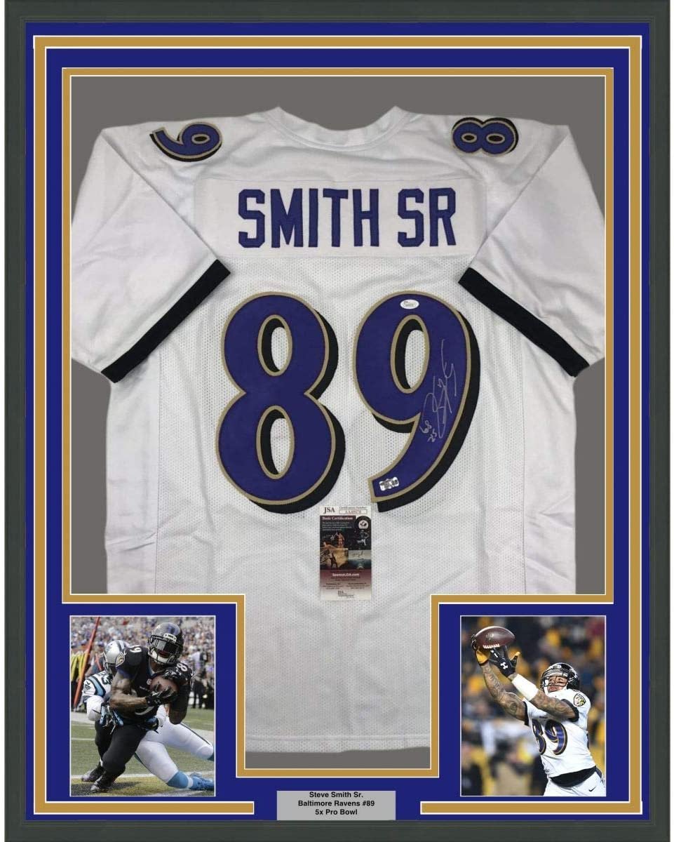 Framed Autographed/Signed Steve Smith Sr. 35x39 Baltimore White Football Jersey JSA COA