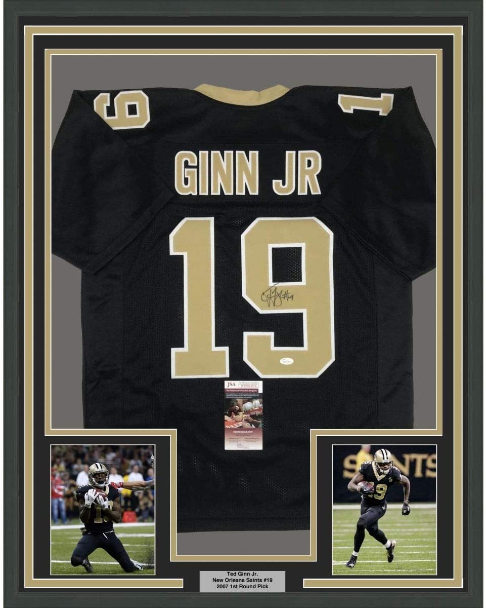 Framed Autographed/Signed Ted Ginn Jr. 35x39 New Orleans Black Football Jersey JSA COA
