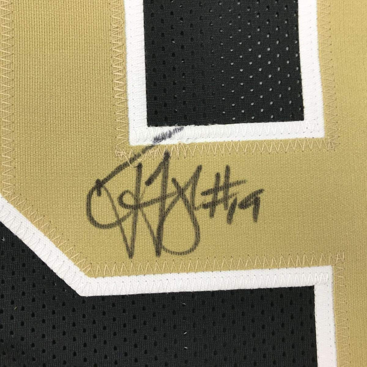 Framed Autographed/Signed Ted Ginn Jr. 35x39 New Orleans Black Football Jersey JSA COA