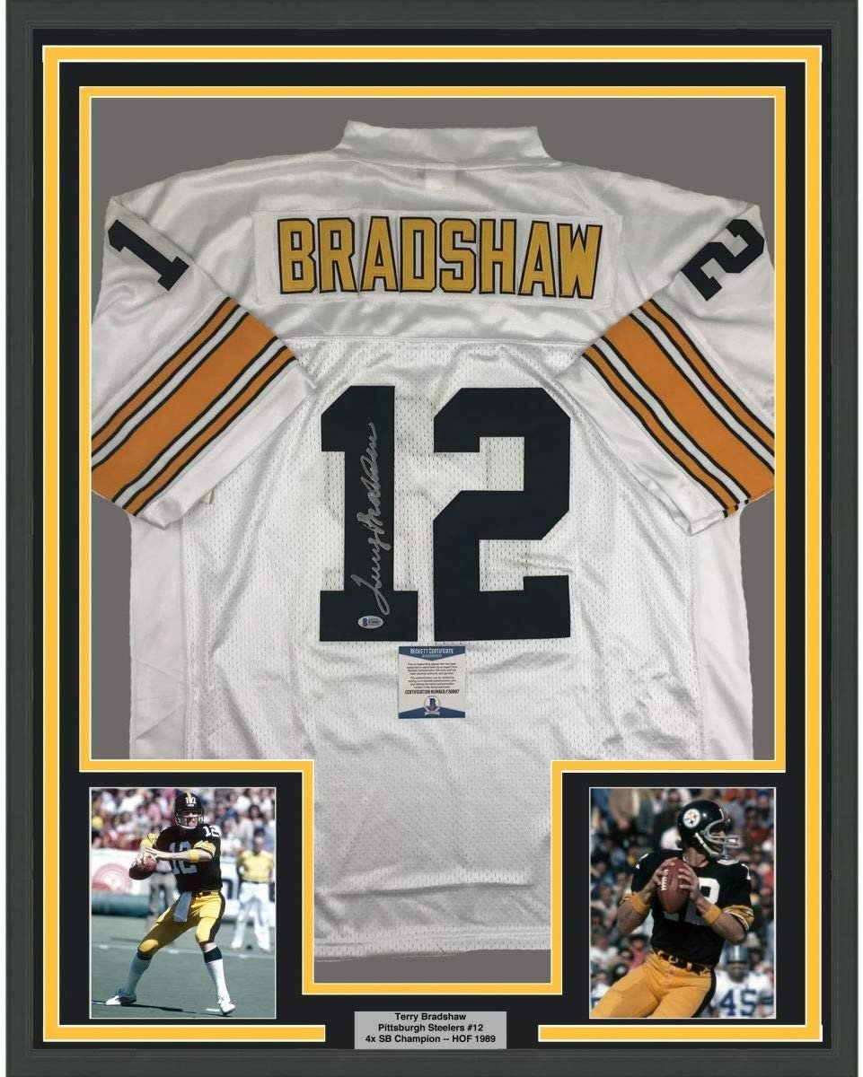 Framed Autographed/Signed Terry Bradshaw 35x39 Pittsburgh White Football Jersey Beckett BAS COA